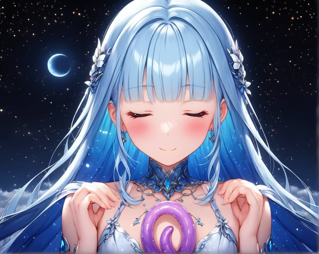 masterpiece, best quality, extremely detailed, (illustration, official art:1.1), 1 girl ,(((( light blue long hair)))), ,(((( light blue long hair)))),light blue hair, , long hair ((blush)) , cute face, big eyes, masterpiece, best quality,(((((a very delicate and beautiful girl))))),Amazing,beautiful detailed eyes,blunt bangs((((little delicate girl)))),tareme(true beautiful:1.2), sense of depth,dynamic angle,,,, affectionate smile, (true beautiful:1.2),,(tiny 1girl model:1.2),)(flat chest) ,A breathtaking scene unfolds as the moonlight casts a luminous glow on a deserted beach, painting the sky with a tapestry of twinkling stars. At the center of this ethereal moment, A young woman with long hair cascades sits in deep meditation. Its tranquil presence evokes a sense of inner peace and serenity amidst the vastness of the empty coast. The girl's silhouette stands out against the backdrop of darkness, his serene expression bathed in soft moonlight. Long pink tentacles of cascade down the back, intertwined with the gentle sea breeze that caresses his face. Your closed eyes indicate a deep connection to the universe, as if his own thoughts harmonized with the whispers of the ocean waves.((big moon )))