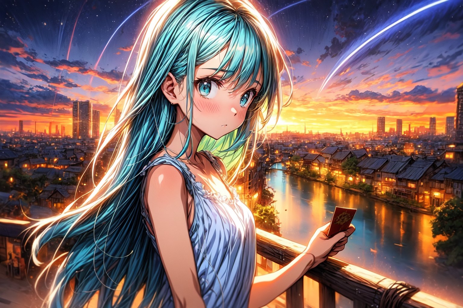 Masterpiece, best quality, extremely detailed, (illustration, official art: 1.1), 1 girl, ((light blue hair))), long hair, 10 years old, ((blush)), cute face, big eyes, masterpiece, best quality, ((a very delicate and beautiful girl)))), amazing, beautiful detailed eyes, blunt bangs (((little delicate girl)))), tareme (true beautiful: 1.2),(((look away,love letter))), small breasts,single girl, Anime scene of a woman standing on a balcony and looking at the city, anime movie, cherry blossom in full bloom, Gentle light, Night view,anime girllooking at the stars in the sky,Makoto Shinkai Cyril Rolando,your name movie style,Your name,Cosmos Sky。Written by Makoto Shinkai, Anime wallpapers 4 k, anime wallpaper 4k, Anime art wallpaper 8 K, Anime art wallpaper 4 K, anime art wallpaper 4k, Shinkai sincerely！, 4k anime wallpaper, panoramic centered view of girl, , Melancholic girl holding a love letter,、cinematic Film still from、
