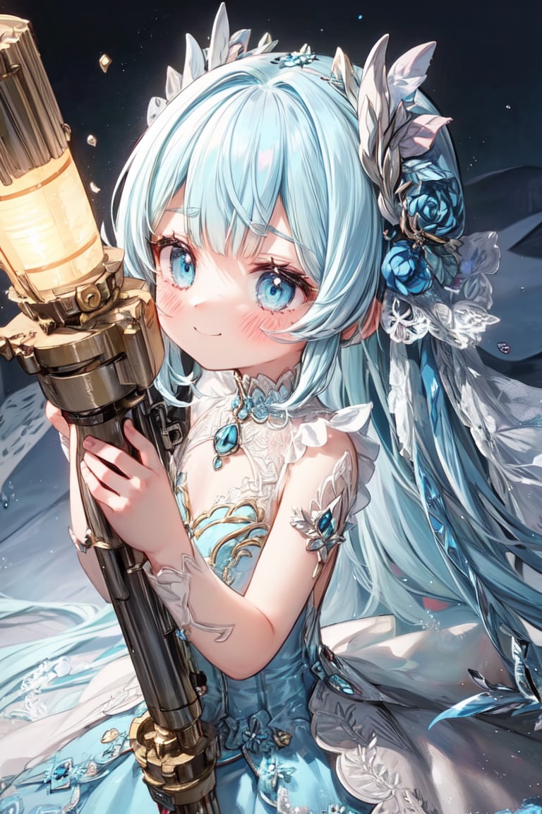 masterpiece, best quality, extremely detailed, (illustration, official art:1.1), 1 girl ,(((( light blue long hair)))), ,(((( light blue long hair)))),light blue hair, , long hair ((blush)) , cute face, masterpiece, best quality,(((((a very delicate and beautiful girl))))),Amazing,beautiful detailed eyes,blunt bangs((((little delicate girl)))),(((tareme))),droopy eyes.(true beautiful:1.2), sense of depth,dynamic angle,,,, affectionate smile, (true beautiful:1.2),,(tiny 1girl model:1.2),)(flat chest),(Very detailed 8k wallpaper), Medium shot of Loline Necromancer, particle lighting, high detailing, Dramatic, Gatling gun in hand, clean back ground, ,,(( huge gatling gun)), 