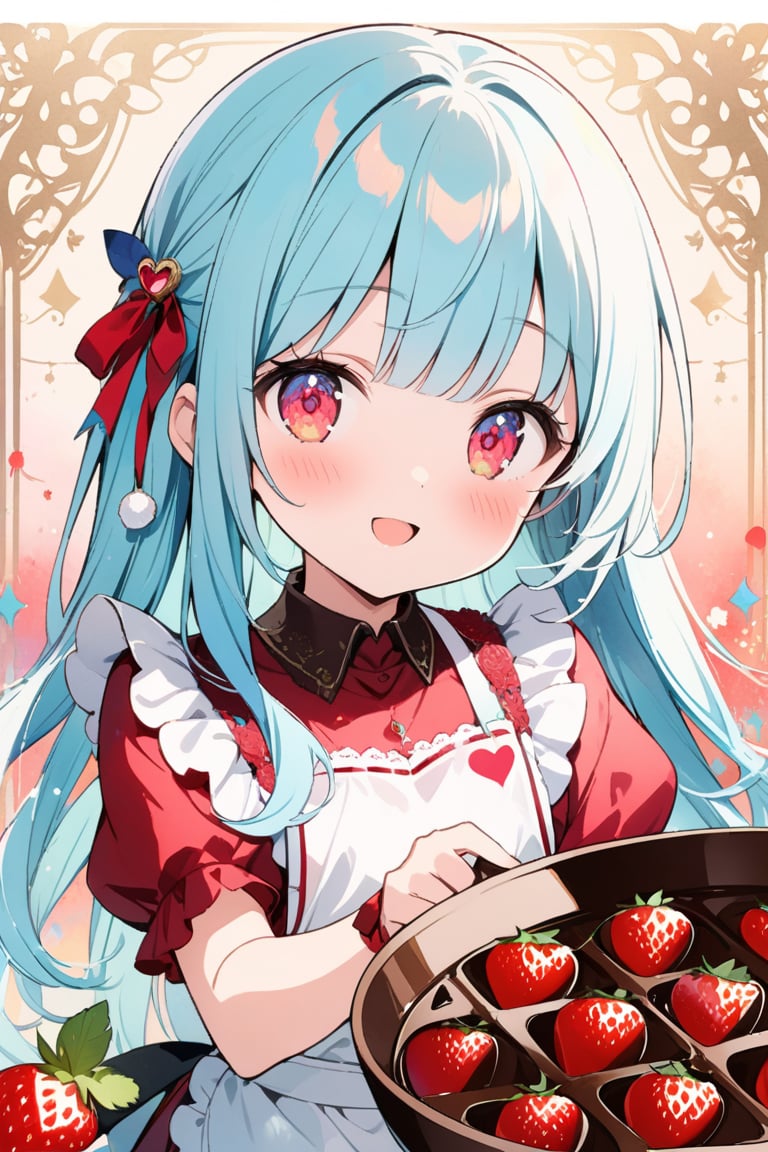 masterpiece, best quality, extremely detailed, (illustration, official art:1.1), 1 girl ,(((( light blue long hair)))), ,(((( light blue long hair)))),light blue hair, , long hair ((blush)) , cute face, big eyes, masterpiece, best quality,(((((a very delicate and beautiful girl))))),Amazing,beautiful detailed eyes,blunt bangs((((little delicate girl)))),tareme(true beautiful:1.2), sense of depth,dynamic angle,,,, affectionate smile, (true beautiful:1.2),,(tiny 1girl model:1.2),)(flat chest), (Pastel colors: 1.3), (Cute illustration: 1.3), (Watercolor: 1.1), With background, One girl, Open mouth and smiling, Beautifully detailed, Hazy, Colorful, Marble, Light particles, Pattern, (Cute background: 1.3), (Very detailed fine touches: 1.3), ///, Short hair, (Full body: 1.3), Transparent watercolor, Girl, Jewel eyes, Beautiful arrangement and motif, Depth of the border is written, Anime art, 8K, Details, Valentine, Lots of chocolate, Stylish decoration illustration, Limited palette, Chocolate around the illustration, Handmade chocolate, Red ribbon, , Tying hair with red ribbon, Apron, Brown and red image, Love, Red eyes, Chocolate on face, Holding spatula, Holding bowl, Making chocolate, Valentine's chocolate, Red heart, Heart, Glitter, Love, Love, Kitchen, Upper body, Full body, Cute apron, Chocolate on strawberry,stunning flowers, juicy berries, lush ferns, vibrant leaves, serene watercolor pattern