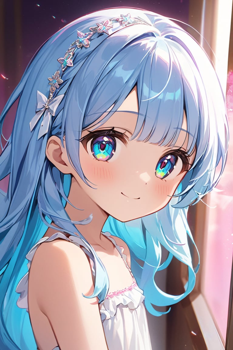 asterpiece, best quality, extremely detailed, (illustration, official art: 1.1), 1 girl, (((light blue long hair))), ((light blue long hair))), ((light blue long hair))), light blue hair,, long hair ((blush)), cute face, big eyes, masterpiece, best quality, ((((a very delicate and beautiful girl)))), amazing, beautiful detailed eyes, blunt bangs (((little delicate girl)))), tareme (true beautiful: 1.2) , sense of depth, dynamic angle,,, affectionate smile, (true beautiful: 1.2), (tiny 1girl model: 1.2),) (flat chest), (masterpiece: 1.5, highest quality: 1.5), (((VaporWave Style, Decorated colored)) ), close-up, from above, cinematic angle, (((vanilla))), 1girl, solo, cute smile, jewelry decoration, the doll is a mess, decadent life, poles outside the window, morning glow outside the window,
