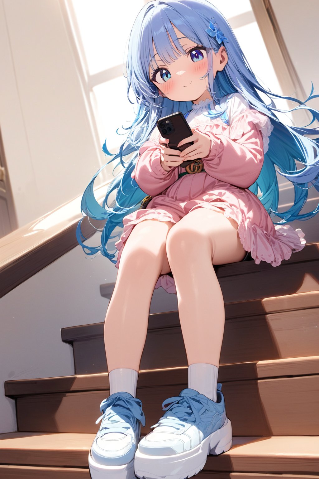 masterpiece, best quality, extremely detailed, (illustration, official art:1.1), 1 girl ,(((( light blue long hair)))), ,, long hair ((blush)) , cute face, big eyes, masterpiece, best quality,(((((a very delicate and beautiful girl))))),Amazing,beautiful detailed eyes,blunt bangs(((( little delicate girl)))),tareme(true beautiful:1.2), sense of depth,dynamic angle,,,, affectionate smile, (true beautiful:1.2),,(tiny 1girl model:1.2),)(flat chest) ,She has blue eyes . She is wearing ripped shorts and a pink Jersey. She is standing on the stairs holding her phone . She is looking down on her phone. She is wearing white boots . She has a Gucci bag. (foot focus) (,Platform sneakers), beautiful and perfect legs,
