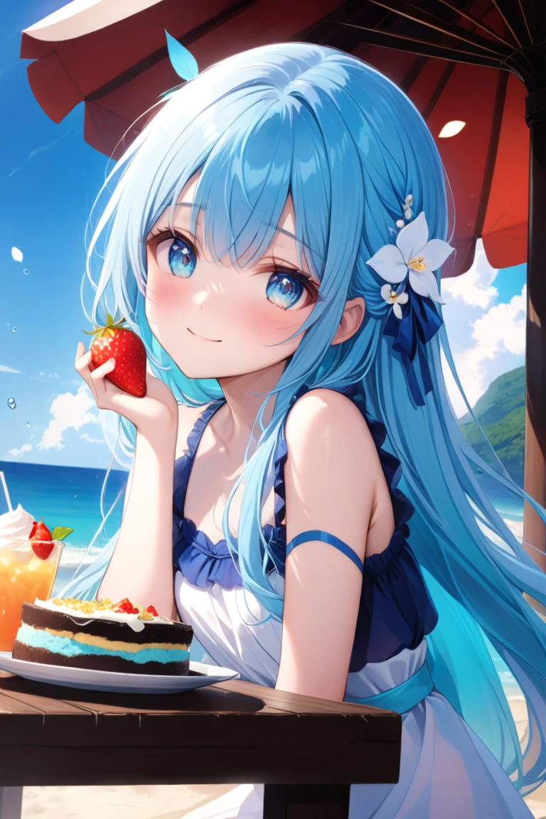 masterpiece, best quality, extremely detailed, (illustration, official art:1.1), 1 girl ,(((( light blue long hair)))), ,(((( light blue long hair)))),light blue hair, , long hair ((blush)) , cute face, big eyes, masterpiece, best quality,(((((a very delicate and beautiful girl))))),Amazing,beautiful detailed eyes,blunt bangs((((little delicate girl)))),tareme(true beautiful:1.2), sense of depth,dynamic angle,,,, affectionate smile, (true beautiful:1.2),,(tiny 1girl model:1.2),)(flat chest)、Seaside, blue eyes, Seaside café at sunset、White dress, Cafe, Profile, Beach,Beach parasol, Relax, tropical juice, aquamarine hair, water drop、There is fried noodles on the table、、Eating strawberry shaved ice with relish、A cafe decorated with lots of orchid flowers、
