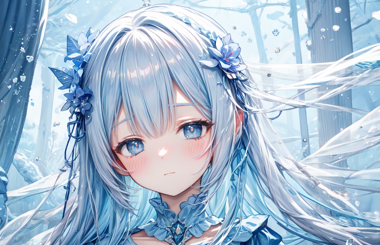 masterpiece, best quality, extremely detailed, (illustration, official art:1.1), 1 girl ,(((( light blue long hair)))), ,light blue hair, , long hair ((blush)) , cute face, masterpiece, best quality,(((((a very delicate and beautiful girl))))),Amazing,beautiful detailed eyes,blunt bangs((((little delicate girl)))),.(true beautiful), sense of depth,, ,(tiny 1girl model:1.2),)(flat chest),(adolescence girl), (loli, ), (white detailed princess dress with many frills), (close eyes), (beautiful and detailed face),( freezer, the princess lies in a peaceful slumber. She is surrounded by ice crystals, ) sleeping beauty, (ice flower),Great aesthetics, fantasy theme, Ice petals falling,(snow,iceTheme)、,A world covered in silver, Cold winter feel, Sleeping、Face close-up、light sparkles、soft contrast、Cool color
