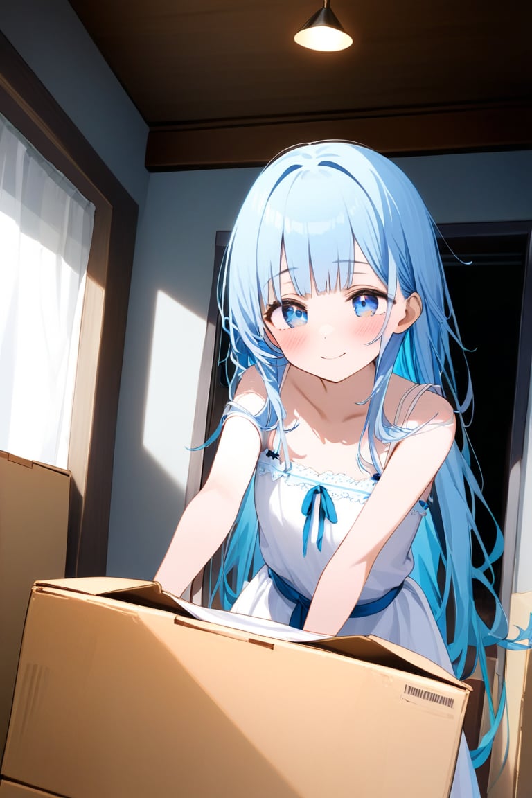 masterpiece, best quality, extremely detailed, (illustration, official art:1.1), 1 girl ,(((( light blue long hair)))), ,(((( light blue long hair)))),light blue hair, , long hair ((blush)) , cute face, masterpiece, best quality,(((((a very delicate and beautiful girl))))),Amazing,beautiful detailed eyes,blunt bangs((((little delicate girl)))),(((tareme))),Close your eyes and laugh.(true beautiful:1.2), sense of depth,dynamic angle,,,, affectionate smile, (true beautiful:1.2),,(tiny 1girl model:1.2),)(flat chest),bend at the waist、Movers、Trying to lift a cardboard box off the floor、Pink haired woman、blue eyes,moving,room,tidying up,cardboard,, she looks excited about living in her new room. smile girl
