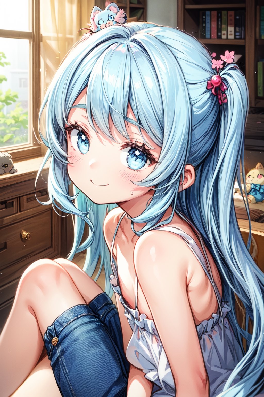 masterpiece, best quality, extremely detailed, (illustration, official art:1.1), 1 girl ,(((( light blue long hair)))), ,(((( light blue long hair)))),light blue hair, ,10 years old, long hair ((blush)) , cute face, big eyes, masterpiece, best quality,(((((a very delicate and beautiful girl))))),Amazing,beautiful detailed eyes,blunt bangs((((little delicate girl)))),tareme(true beautiful:1.2), sense of depth,dynamic angle,,,, affectionate smile, (true beautiful:1.2),,(tiny 1girl model:1.2),)(flat chest), (((masterpiece))), (SFW:1.5),best quality, high resolution, distinct image, (many (detailed) little cats) and one girl:1.3), wearing Jeans, focus on cat, little (detailed) 、cats around girl,background is back alley, detasiled sunlight, sitting, girl looking viewer, side view, (cats looking viewer:1.2), sitting on the floor grasping knees, (happy:1.3) , (kitten)
