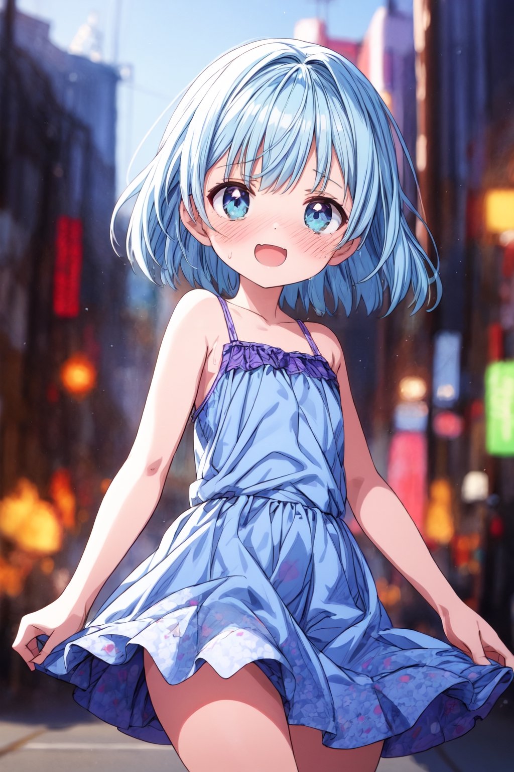 Masterpiece, best quality, extremely detailed, (illustration, official art: 1.1), 1 girl, ((light blue hair))), light blue hair, 10 years old,  ((blush)), cute face, big eyes, masterpiece, best quality, ((a very delicate and beautiful girl)))), amazing, beautiful detailed eyes, blunt bangs (((little delicate girl)))), tareme (true beautiful: 1.2), sense of depth, dynamic angle,, (show off own areola slip: 1.2) affectionate smile, (true beautiful: 1.2), (tiny 1girl model: 1.2), (flat chest)), (masterpiece, best quality, extremely detailed, absurdres)),, looking at viewer, small breasts, beautiful jpn-girl, (best quality: 1.2) solo, cinematic light, ,A girl, wearing a short-sleeved skirt, (maniac: 1.1),  bright light, background bokeh, depth of field, blurred background, light particles, strong wind, (heart particles: 1.1)、(great laughter:1.1), , crying, sobbing, tears,,She's shedding big tears, bob cut, smile,