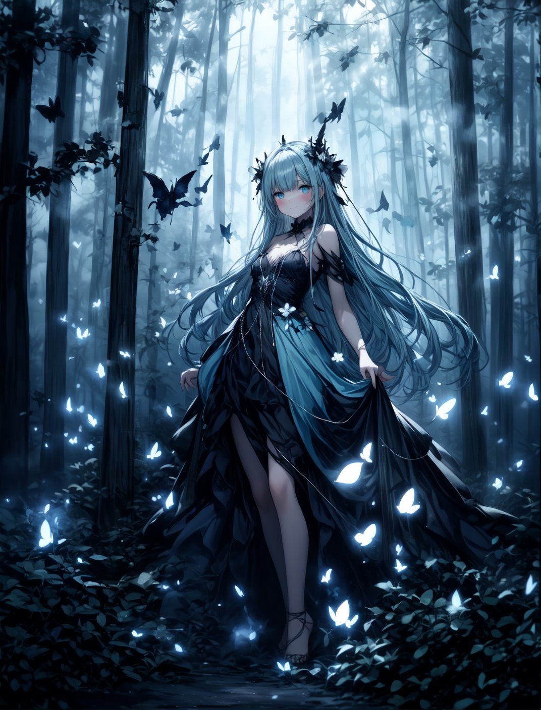 masterpiece, best quality, extremely detailed, (illustration, official art:1.1), 1 girl ,(((( light blue long hair)))), ,(((( light blue long hair)))),light blue hair, , long hair ((blush)) , cute face, masterpiece, best quality,(((((a very delicate and beautiful girl))))),Amazing,beautiful detailed eyes,blunt bangs((((little delicate girl)))),(((tareme))),droopy eyes.(true beautiful:1.2), sense of depth,dynamic angle,,,, affectionate smile, (true beautiful:1.2),,(tiny 1girl model:1.2),)(flat chest),,optical illusion, Black light art, conceptual artwork, por Arthur Rackham, (best qualityer, high resolution, ultra detali), The Goddess Casting Brilliant Mystical Spells on a Haunted Forest, orange and purple tones, portraits, bright coloured, extreme detailed description, sharp focus, Physically based rendering, studio lighting, horor, witch, magical, mysterious atmosphere, swirling mist, ethereal glow, ancient trees, twisted branches, Moonlit sky, mysterious shadows, Mesmerizing, enchanting, hauntingly beautiful,full body,Distant view 、Long shot 、Expansive vista 、darkness,(((backlighting)))
