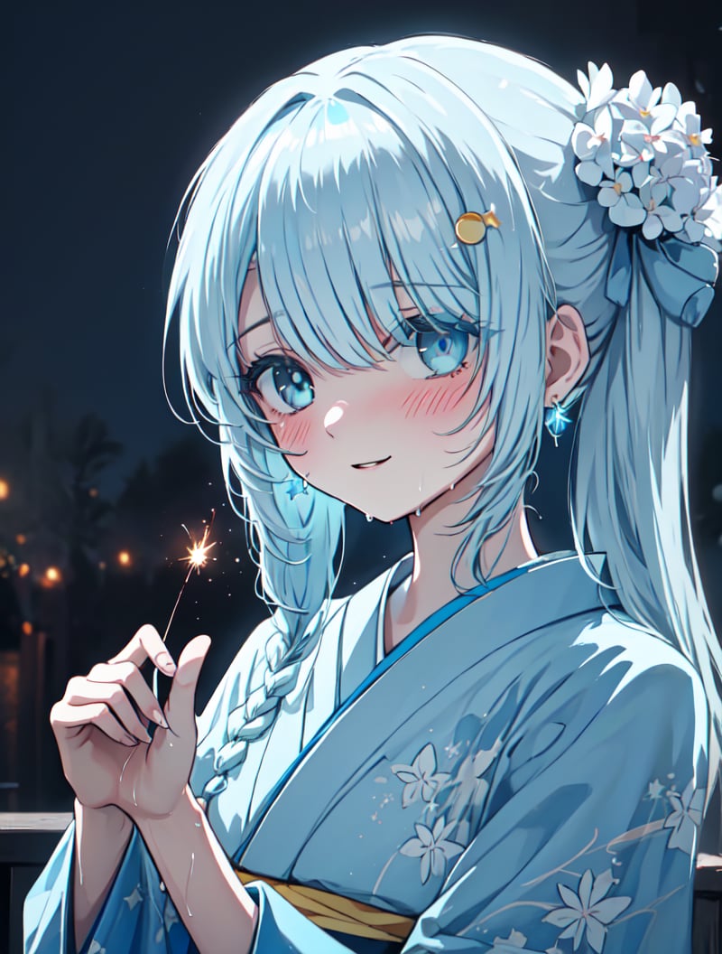 
masterpiece, best quality, extremely detailed, (illustration, official art:1.1), 1 girl ,(((( light blue long hair)))), ,(((( light blue long hair)))),light blue hair, , long hair ((blush)) , cute face, masterpiece, best quality,(((((a very delicate and beautiful girl))))),Amazing,beautiful detailed eyes,blunt bangs((((little delicate girl)))),(((tareme))),droopy eyes.(true beautiful:1.2), sense of depth,dynamic angle,,,, affectionate smile, (true beautiful:1.2),,(tiny 1girl model:1.2),)(flat chest), "A woman in a beautiful white yukata with hydrangea patterns. The obi of the yukata is pink and adorned with shining pearl accessories. The background features fireworks lighting up the dark night sky with vibrant colors, beautifully illuminating her."colored inner hair, side ponytail, hair one side up, shiny hair, wet hair, tied hair, low-braided long hair, lone nape hair, kanzashi, star hair ornament, bunny hair ornament, musical note hair ornament, multicolored eyes, aqua eyes, gradient eyes, gradient_eyes, longeyelashes, solid circle eyes, crescent earrings, glint, happy, laughing, Surrealism, anime, sparkle, 8k, super detail, UHD, accurate, masterpiece, anatomically correct, textured skin, super detail, high details, high quality, award winning, best quality, highres