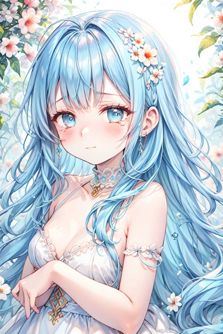 masterpiece, best quality, extremely detailed, (illustration, official art:1.1), 1 girl ,(((( light blue long hair)))), ,(((( light blue long hair)))),light blue hair, , long hair ((blush)) , cute face, big eyes, masterpiece, best quality,(((((a very delicate and beautiful girl))))),Amazing,beautiful detailed eyes,blunt bangs((((little delicate girl)))),tareme(true beautiful:1.2), sense of depth,dynamic angle,,,, affectionate smile, (true beautiful:1.2),,(tiny 1girl model:1.2),)(flat chest),exquisitedetails, Highest quality 8K resolution, Ultra-detailed, Realistic, Vibrant colors, Soft tones, With warm and gentle lighting,,(Deep Blue Eyes:1.3),Garden Girl,Smiling with tears in her eyes,With an overflowing soft and gentle feeling, Multiple Corner Turns,Visible emotions and specific emotions, I want to believe, Use illustrations,Long-haired beautiful girl fluttering in the wind,The promenade is full of flowers, Create colorful reflections.The sun's rays illuminate joy and pure love, Cast a warm golden glow on the girl's face. Their love is like a blessing from God, Free yourself from the hassles of this world. The atmosphere is full of happiness and laughter, It's like heaven、As if in praise of love. The artwork is、Create a combination of digital illustrations and photos, Sticking to ultra-detailed depictions and vivid colors. In a style that blends romanticism and realism、You can feel the depth of love. The color palette consists of soft pastel tones, Create an ethereal atmosphere like a dream. and the lighting is soft and diffused, Cast a gentle light on the face,、The warmth of the hug increases. The artwork is a masterpiece, Meticulously crafted to capture the essence of an unbreakable bond.
