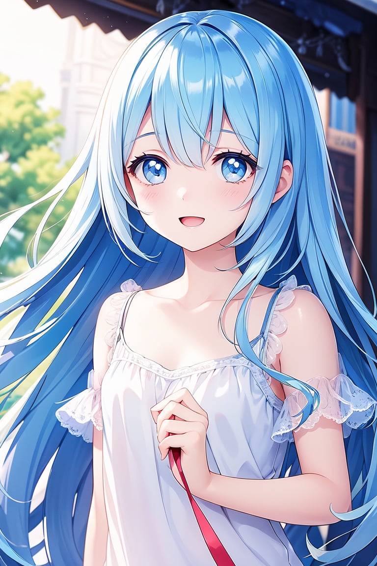 masterpiece, best quality, extremely detailed, (illustration, official art:1.1),adorable face、 1 girl ,(((( light blue long hair)))),pale blue hair,, long hair ((blush)) , cute face, big eyes, masterpiece, best quality,(((((a very delicate and beautiful girl))))),Amazing,beautiful detailed eyes,blunt bangs((((little delicate girl)))),tareme(true beautiful:1.2), sense of depth,dynamic angle,,,, affectionate smile, (true beautiful:1.2),,(tiny 1girl model:1.2),)(flat chest)、masterpiece,beautiful eyes,textile shading, custics,extremely detailed CG, photography,RAW photo,
,,twinbraidblue eyes, ,solo
school uniform, short sleeves, 2 soft serve,open mouth, smile,shopping street,white colored shirt,red ribbon,