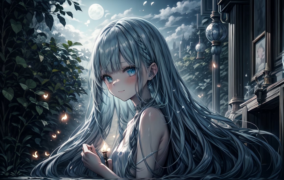 masterpiece, best quality, extremely detailed, (illustration, official art:1.1), 1 girl ,(((( light blue long hair)))), ,(((( light blue long hair)))),light blue hair, , long hair ((blush)) , cute face, big eyes, masterpiece, best quality,(((((a very delicate and beautiful girl))))),Amazing,beautiful detailed eyes,blunt bangs((((little delicate girl)))),tareme(true beautiful:1.2), sense of depth,dynamic angle,,,, affectionate smile, (true beautiful:1.2),,(tiny 1girl model:1.2),)(flat chest) ,A breathtaking scene unfolds as the moonlight casts a luminous glow on a deserted beach, painting the sky with a tapestry of twinkling stars. At the center of this ethereal moment, A young woman with long hair cascades sits in deep meditation. Its tranquil presence evokes a sense of inner peace and serenity amidst the vastness of the empty coast.

The girl's silhouette stands out against the backdrop of darkness, his serene expression bathed in soft moonlight. 