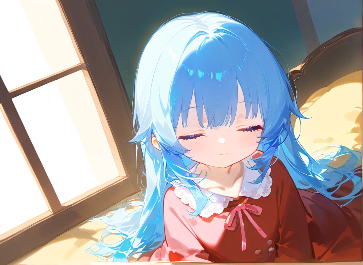 (((( light blue long hair)))),((((little delicate girl)))), 1 girl ,tiny 1girl ,young, 1girl, solo beautiful , sleeping , happy, peaceful, dutch angle, sunlight, windows, shadows masterpiece, best quality, high quality,
