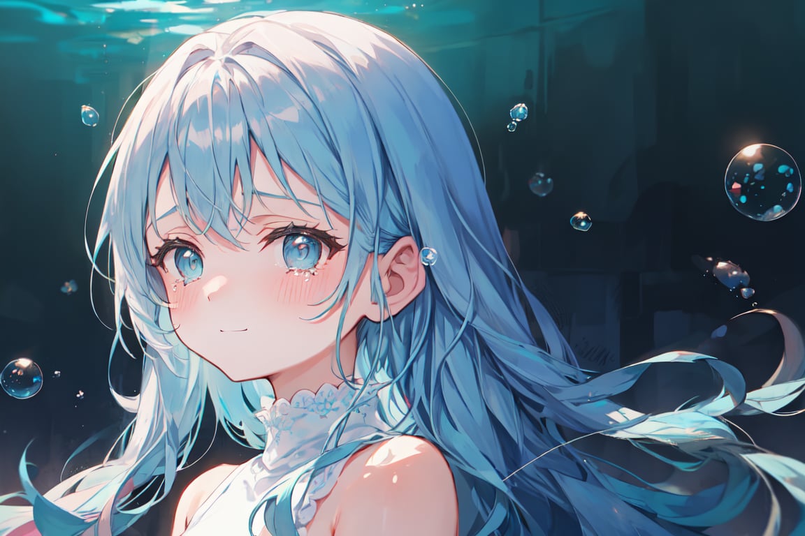 masterpiece, best quality, extremely detailed, (illustration, official art:1.1), 1 girl ,(((( light blue long hair)))), ,(((( light blue long hair)))),light blue hair, , long hair ((blush)) , cute face, big eyes, masterpiece, best quality,(((((a very delicate and beautiful girl))))),Amazing,beautiful detailed eyes,blunt bangs((((little delicate girl)))),tareme(true beautiful:1.2), sense of depth,dynamic angle,,,, affectionate smile, (true beautiful:1.2),,(tiny 1girl model:1.2),)(flat chest), 1girl, , charmy-angle, looking at viewer, blue bow, frills,, (, closeup, from side), poor eyes, closed mouth,
shiny hair, ( long straight hair, white turtleneck), early teens,
looking at left,

BREAK patterned fabric,
insanely beautiful and detailed clothes, finely detailed hair, shiny hair, fullface blush, exquisitely beautiful and delicate skin,
perfect anatomy, dynamic angle,

BREAK (masterpiece, best quality), (ultra-detailed 8K), (perfect design), absurdres, highres,
cinematic lighting,
(fashion illustration, sharp sketch, super fine illustration:1.2),(((Tears, drops, bubbles, underwater)))