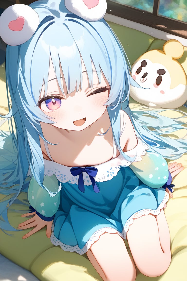 (((( light blue long hair)))),(Pastel colors: 1.3), (Cute illustration: 1.3), (Watercolor: 1.1), With background, One girl, Open mouth and smiling, Beautifully detailed, Hazy, Colorful, Marble, Light particles, Pattern, (Cute background: 1.3), (Very detailed fine touches: 1.3), ///, Short hair, (Full body: 1.3), Transparent watercolor, solo,, masterpiece, best quality, extremely detailed, (illustration, official art: 1.1), 1 girl, (((light blue long hair)))), (((light blue long hair))), light blue hair,, long hair (( blush)), cute face, big eyes, one girl, fluffy, loose, a heartwitched world, masterpiece, highest quality, super detailed, one girl, from above, little, sleep,, animal costumes, sleeping on the bed , pastel color, cute,
