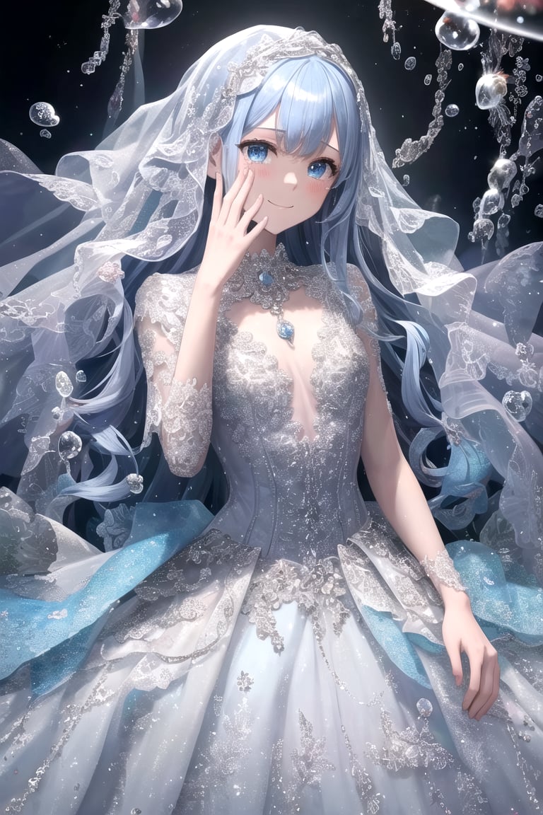 masterpiece, best quality, extremely detailed, (illustration, official art:1.1),adorable face、 1 girl ,(((( light blue long hair)))),pale blue hair,, long hair、 ((blush)) , cute face, big eyes, masterpiece, best quality,(((((a very delicate and beautiful girl))))),Amazing,beautiful detailed eyes,blunt bangs((((little delicate girl)))),tareme(true beautiful:1.2), sense of depth,dynamic angle,toddler,, affectionate smile, (true beautiful:1.2),,(tiny 1girl model:1.2),)flat chest、(Masterpiece),(((full bodyesbian))), (Best quality), (Ultra detailed),(disheed hair),(illustration), (1girll), (Fashionable clothing), , ,Colorful bubbles,（Shine）,Focus on the face,,By bangs,,Floating flowers,floated hair,（Shiny）,best illuminate,Best shadow,Speak with a smile,one girl, best quality, (hyper detailed:1.8), visual novel, water drop, blue scale, sunlight, , , crying,,wind blowing from below and tear drops from eyes are floating in air,phcrystal

Blessings from angels､Bright background、Heart Mark、happy 、Tenderness､A smile、、Luxurious pink Wedding Dresses, elegant and romantic, breathtakingly beautiful, ,ruanyi0263,bridal veil,Add more detail