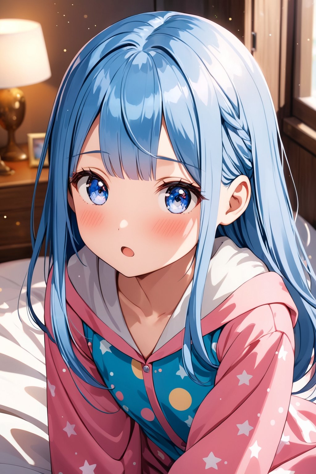 (ultra-intricate pupil in eyes, shiny eyes), long eyelashes, double eyelids, parted lips, kawaii, cute, ( flat chest), slender, (ultra delicate and beautiful skin), insanely detailed clothes, perfect anatomy, dynamic angle, BREAK (masterpiece, best quality), (ultra-detailed 8K), (perfect design), absurdres, highres, ((blush)), (super fine illustration), ((light blue long hair))), 10 years old, long hair ((blush)), masterpiece, best quality, (amazing, beautiful detailed eyes, blunt bangs), high resolution, cute face, masterpiece, best quality, extremely detailed, anime, beautiful girl, bright hair, wind, solo, depth of field, masterpiece, best quality, extremely detailed, (PHOTO BACKGROUND: 1.3), SMALL BREASTS,depth of field, bokeh,bare nipple, Original Characters, Natural Volumetric Lighting And Best Shadows, Deep Depth Of Field, Sharp Focus, Portrait Of Stunningly Beautiful Girl, Soft Delicate Beautiful Attractive Face With Alluring Black Eyes, Lovely Small Breasts, Sharp Eyeliner, (Yawning And closing one eye:1.05), sleepy face, Open Mouth With Cute Fangs, Blush Eyeshadow With Thick Eyelashes, Parted Lips, Cute Kigurumi Pajamas, pajamas, (Huging Long Pillow:1.8), (Sitting On Moon/Stars/Clouds Patterned Lovely Duvet Bed:1.2), (Loft Bedroom Under Circular Window:1.15), (Highest Quality, Amazing Details:1.4), Masterpiece, Bloom, Picturesque, Brilliant Colorful Paintings
