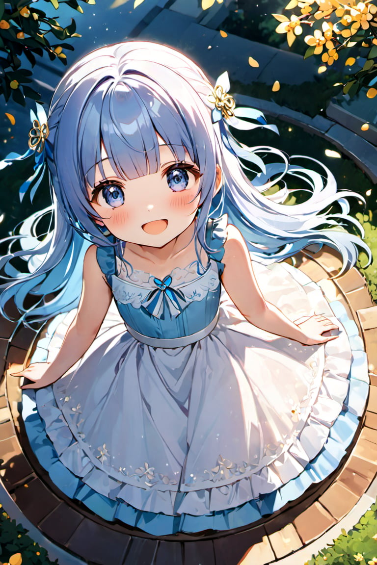 masterpiece, best quality, extremely detailed, (illustration, official art:1.1), 1 girl ,(((( light blue long hair)))), ,(((( light blue long hair)))),light blue hair, , long hair ((blush)) , cute face, big eyes, masterpiece, best quality,(((((a very delicate and beautiful girl))))),Amazing,beautiful detailed eyes,blunt bangs((((little delicate girl)))),tareme(true beautiful:1.2), sense of depth,dynamic angle,,,, affectionate smile, (true beautiful:1.2),,(tiny 1girl model:1.2),)(flat chest) ,1 idol,solo,ultra-detailed face,detailed eyes,blunt bangs,blue hair,two side up,Princess Dress,wariza,Patent high heels,looking at viewer,sleepy,open mouth,head tilt,rim light,outdoors flower garden,(osmanthus tree),(petals:1.3),1 Clock tower,From above,highly detailed illustration,masterpiece,8K,top quality,absurdly beautiful face,