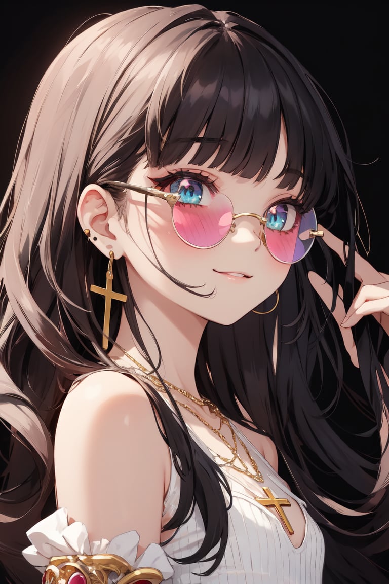 masterpiece, best quality, extremely detailed, (illustration, official art:1.1), 1 girl ,(((( black long hair)))), ,, long hair ((blush)) , cute face, big eyes, masterpiece, best quality,(((((a very delicate and beautiful girl))))),Amazing,beautiful detailed eyes,blunt bangs(((( little delicate girl)))),tareme(true beautiful:1.2), sense of depth,dynamic angle,,,, affectionate smile, (true beautiful:1.2),,(tiny 1girl model:1.2),)(flat chest) ,Rainbow , One Girl, alone, Long Hair, (((Big round sunglasses on your head))), View your audience, Glowing Eyes Background, jewelry, Mouth closed, Happy, Jacket, Upper Body, Earrings,  necklace, From the side, sweater, lips, eyelash, Compensate, Wavy Hair, Earrings, cross, lipstick, ear Earrings, eye shadow, hoop Earrings, pink lips, Variegated eyes, Pink Theme, pink eye shadow, tattoo, Dark Background 