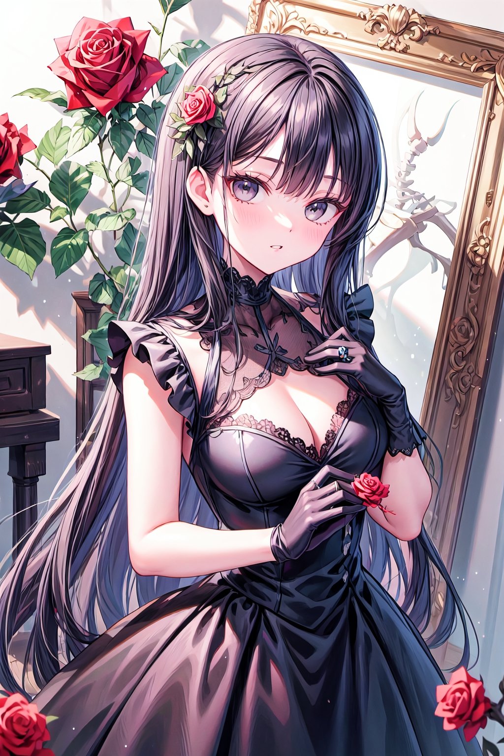 red flower, heart, grey eyes, thorns, red rose, vines, dress, looking at viewer, parted lips, bangs, black flower, black dress, gloves, holding, plant, very long hair, skeleton, ring, white background, black rose, picture frame, card, frills, black gloves, white eyes, blurry ////////, ,tomie