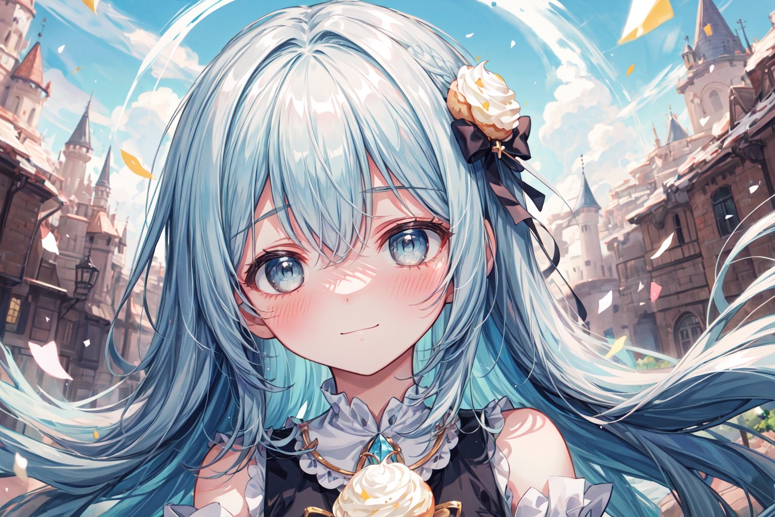 masterpiece, best quality, extremely detailed, (illustration, official art:1.1), 1 girl ,(((( light blue long hair)))), light blue hair, ,12 years old, long hair ((blush)) , cute face, big eyes, masterpiece, best quality,(((((a very delicate and beautiful girl))))),Amazing,beautiful detailed eyes,blunt bangs((((little delicate girl)))),tareme(true beautiful:1.2), sense of depth,,, affectionate smile, (true beautiful:1.2),,(tiny 1girl model:1.2),)(flat chest)),, face,absurdres, highres, ultra detailedBREAK(one girl:1.5), A fairytale and wonderland world,Colorful and lively atmosphere,confeti,Sweets, toys, and stuffed animals are floating and scattered in the air.,A pile of extra large cream puffs,A mountain shaped like a cream puff,fluffy hair,Odango Hair,Keeping hair together,rainbow-colored hair,A voluminous princess-like dress,Iridescent dresses,A is climbing on a pile of cream puffs,
