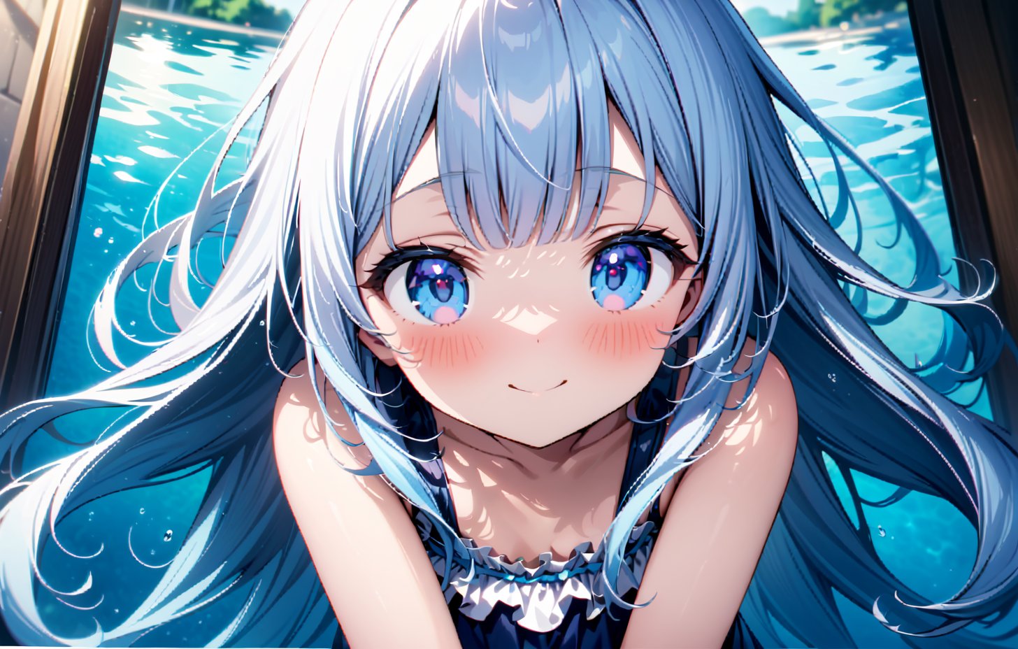 masterpiece, best quality, extremely detailed, (illustration, official art:1.1), 1 girl ,(((( light blue long hair)))), ,(((( light blue long hair)))),light blue hair, , long hair ((blush)) , cute face, big eyes, masterpiece, best quality,(((((a very delicate and beautiful girl))))),Amazing,beautiful detailed eyes,blunt bangs((((little delicate girl)))),tareme(true beautiful:1.2), sense of depth,dynamic angle,,,, affectionate smile, (true beautiful:1.2),,(tiny 1girl model:1.2),)(flat chest), masterpiece, Highest quality, Highly detailed CG Unity 8K wallpapers, Girl Anime Illustration. Please wear a small swimsuit.., Open your arms, Her eyes and mouth are open, smile. twins, Bokeh Photo, (Soft Focus):1.2, Out of focus highlights, Dreamy atmosphere, Splash, Fascinating Depth, The background is a realistic night pool,Low - Angle,As if capturing the whole body,hetero