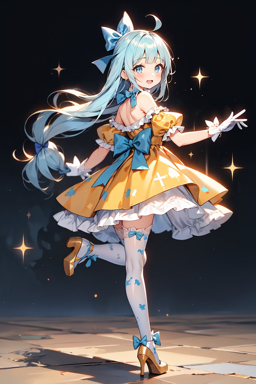 masterpiece, best quality, extremely detailed, (illustration, official art:1.1), 1 girl ,(((( light blue long hair)))), ,(((( light blue long hair)))),light blue hair, , long hair ((blush)) , cute face, big eyes, masterpiece, best quality,(((((a very delicate and beautiful girl))))),Amazing,beautiful detailed eyes,blunt bangs((((little delicate girl)))),tareme(true beautiful:1.2), sense of depth,dynamic angle,,,, affectionate smile, (true beautiful:1.2),,(tiny 1girl model:1.2),)(flat chest), 1girl, suou momoko, charmy-angle, looking at viewer, blue bow, frills, striped bow, head tilt, smile, frilled dress, thighhighs, white thighhighs, hair ornament, shoes, frilled sleeves, dress bow, cross-laced clothes, blue eyes, wrist cuffs, puffy short sleeves, polka dot bow, detached sleeves, leg up, short sleeves, solo, white gloves, bow legwear,, bow print, holding, white background, blunt bangs, standing on one leg, outstretched arms, yellow dress, ahoge, plaid dress, :d, layered dress, blue footwear, collared dress, spread arms, off shoulder, white bow, hair bow, wavy hair, bag, animal bag, white neckwear, standing, blue ribbon, handbag, blush, neck ribbon, short hair, yellow bow, diagonal-striped bow, white collar, bear print, shadow, hair ribbon, bare shoulders, frilled thighhighs, orange dress, garter straps, open mouth, frilled bow, print skirt, detached collar, bear shaped bag, back bow, puffy sleeves, masterpiece, best quality
