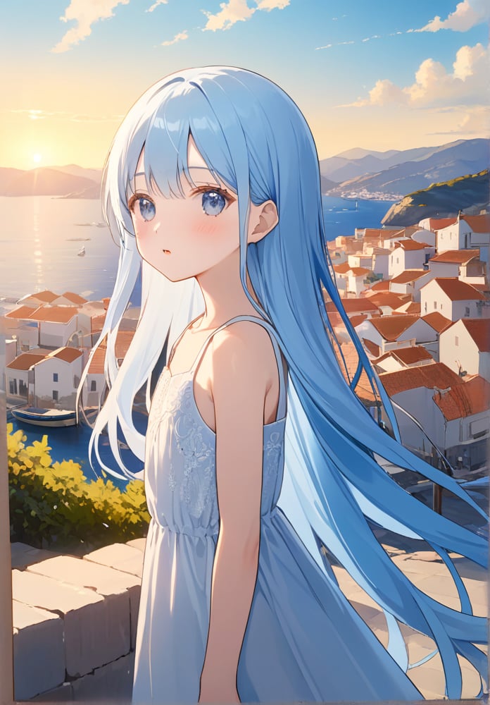 ((masterpiece, best quality, extremely detailed, absurdres)),, masterpiece, best quality, extremely detailed, ((((((light blue long hair)))))), long hair cute anime faces,detailed light,parted lips,shiny、beautiful detailed face,,longhair、(((( light blue long hair)))),,10 years old, , 1girl, solo, flat chest, blush, bangs, caramel、Perfect beautiful woman,masterpiece, best quality, ,flat chest, (flat chest), ((super photo realistic)), (masterpiece), illustration, ultra detailed, absurdres, 8k, details down to the smallest detail, Reflection, light bokeh effect, ((look at viewer)), a small harbor town by the Aegean Sea where the mountains meet the ocean. (The town has beautiful white walls that follow the slopes of the hills). (A girl stands on top of a hill, looking down at the town below:1.2). She is wearing a summer dress. In her view, ((a beautiful sunrise shines brightly)), A beautiful summer day, BREAK (produces images with information than 40 million pixels with cinematic-like detailed textures shot on a Sony SLR), 