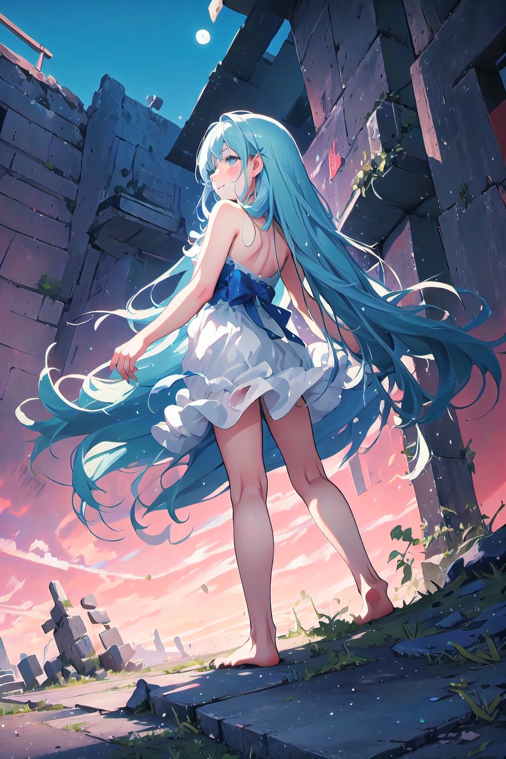 masterpiece, best quality, extremely detailed, (illustration, official art:1.1), 1 girl ,(((( light blue long hair)))), light blue hair, ,10 years old, long hair ((blush)) , cute face, big eyes, masterpiece, best quality,(((((a very delicate and beautiful girl))))),Amazing,beautiful detailed eyes,blunt bangs((((little delicate girl)))),tareme(true beautiful:1.2), sense of depth,dynamic angle,affectionate smile, (true beautiful:1.2),,(tiny 1girl model:1.2),(flat chest)), 
Soft Focus , (Masterpiece, top quality, super detailed CG, ultra detailed beautiful face and eyes,super detailed, intricate details:1.2), 8k wallpapers, elaborate features,
(1 person, solo:1.4)perfect cartoon illustration,(1 person, solo:1.4)
(realistic textures:0.8), high res, cute, (vivid colors, dynamic lighting:1.0), (high contrast:0.8),
A girl (in her teens) with a mysterious atmosphere overlooking the lowlands from the top of a steep cliff, very pretty face, long glossy blue hair, clear sky-blue eyes, clear skin, slender arms and legs (both barefoot), wearing only a white dress that reaches down to her calves, surrounded by blue phosphorescence. Blue phosphorescence surrounds her, ruins spread far and wide in front of her, the place is a fantastic and vast urban ruin, the time is night and the area is dark, but stars and a big moon are shining brightly in the sky, back view, so that her whole body is included in the illustration.,Human bones,prison