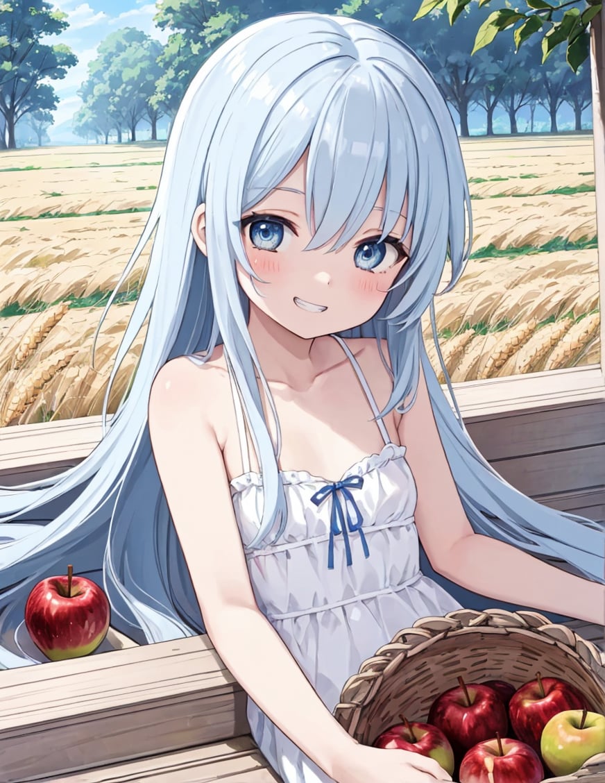 asterpiece, best quality, extremely detailed, (illustration, official art: 1.1), light blue long hair anime girl with apple basket,((((little delicate girl))))),(((tareme))), droopy eyes. (true beautiful:1.2), sense of depth,dynamic angle,,,, affectionate smile, (true beautiful:1.2),,(tiny 1girl model:1.2),)(flat chest),(best quality:1.2), (ultra detailed:1.2), ultra high resolusion, highres,8k, Country roads, wheat fields, hoodless horse-drawn carriage, lying on a heap of apples piled up on a loading platform, grin, afternoon, and a little apple left with only a core, ,(masterpiece),scenery