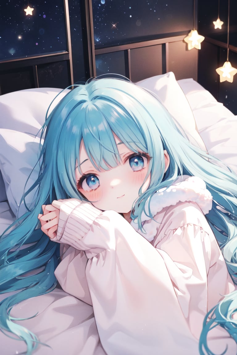 masterpiece, best quality, extremely detailed, (illustration, official art:1.1), 1 girl ,(((( light blue long hair)))), ,(((( light blue long hair)))),light blue hair,loli, long hair ((blush)) , cute face, , masterpiece, best quality,(((((a very delicate and beautiful girl))))),Amazing,beautiful detailed eyes,blunt bangs((((little delicate girl)))),tareme(true beautiful:1.2), sense of depth,dynamic angle,,,, affectionate smile, (true beautiful:1.2),,(tiny 1girl model:1.2),)(flat chest), complex background, wishing star background, a magical scene with shining stars and dreamlike elements, conveying the idea that the magic of Christmas awakens sleeping dreams. Make sure the elements give a dreamy feel. in bed, There are a lot of pillows, dreamy, comfortable, night time, crescent moon, Quiet nights,Comfortable beds,Cosy bedroom,Serene expression,Lightweight dressing gown,gentlesoftlighting,dreamlike scenes,Cloud-like pillows,Starry curtain, portrait、 (((Girl spreads her hands))), ,Embryo,Sleep comfortably, Sleeping Girl,nightcore, Anime girl sleeping with clouds with stars,
,pure sleep, (wide shot, white background、Ask for a hug