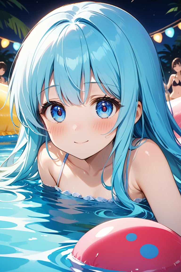 masterpiece, best quality, extremely detailed, (illustration, official art:1.1), 1 girl ,(((( light blue long hair)))), ,(((( light blue long hair)))),light blue hair, , long hair ((blush)) , cute face, big eyes, masterpiece, best quality,(((((a very delicate and beautiful girl))))),Amazing,beautiful detailed eyes,blunt bangs((((little delicate girl)))),tareme(true beautiful:1.2), sense of depth,dynamic angle,,,, affectionate smile, (true beautiful:1.2),,(tiny 1girl model:1.2),)(flat chest), 1 girl in a pool with Inflatable flamingo floats, Pool Party, Ultra-detailed face and eyes、Detailed Eyes、Delicate face、Summer swimming , Inflatable, Carnival floats, summer festival night, festival, 夏のnight, Are you having fun, Having a great time, Warm and fun atmosphere, Have fun, drink, Beach , night, music festival, Splash House, cool , Features