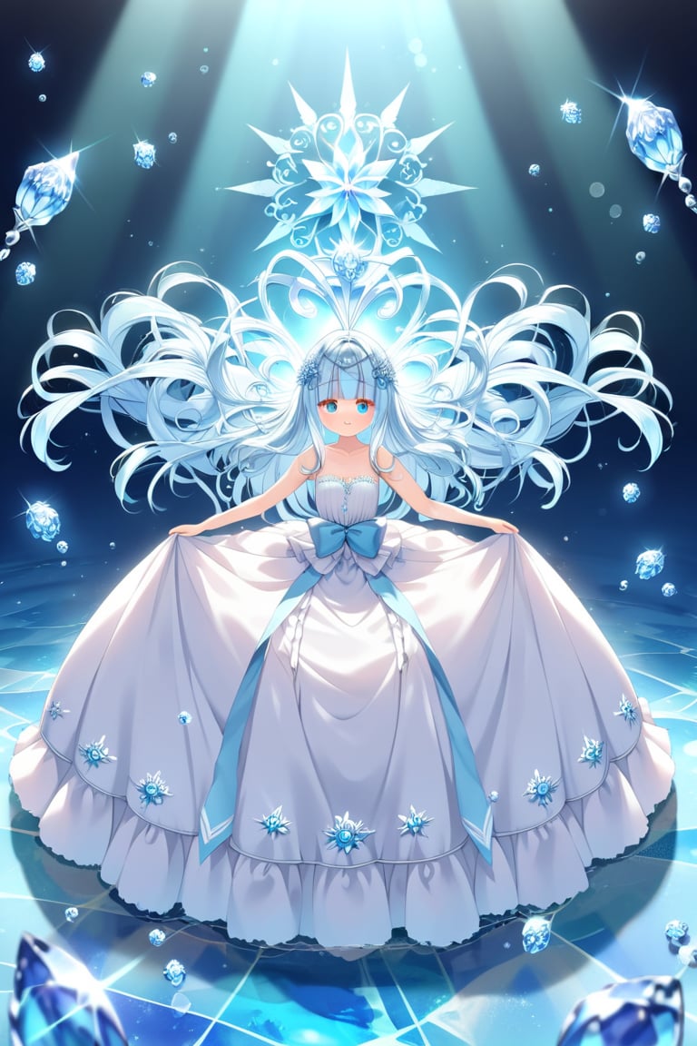 masterpiece, best quality, extremely detailed, (illustration, official art:1.1), 1 girl ,(((( light blue long hair)))), ,(((( light blue long hair)))),light blue hair, , long hair ((blush)) , cute face, masterpiece, best quality,(((((a very delicate and beautiful girl))))),Amazing,beautiful detailed eyes,blunt bangs((((little delicate girl)))),(((tareme))),droopy eyes.(true beautiful:1.2), sense of depth,dynamic angle,,,, affectionate smile, (true beautiful:1.2),,(tiny 1girl model:1.2),)(flat chest),masterpiece, best quality, 8K,,BREAK, a woman standing in the center of the scene with a gentle expression on her face against a torrent of light. She has ice blue hair and wears a light blue dress, and in her hand she holds a clear, delicate ice rose. This ice rose is in harmony with her pure presence, and a faint mist seems to be emanating from the rose. The surrounding torrent of light is dynamic and illuminates the girl's surroundings. Her smile is both gentle and serene, capturing the peace and beauty of this moment. The background is almost entirely blown white, with the light and the silhouette of the girl taking center stage,(((ice rose)))
