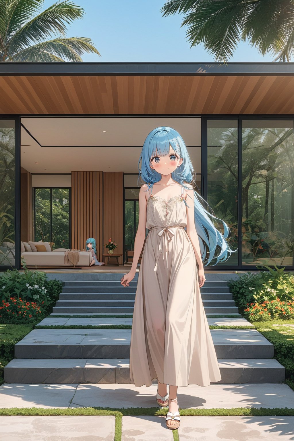 masterpiece, best quality, extremely detailed, (illustration, official art:1.1), 1 girl ,(((( light blue long hair)))), ,(((( light blue long hair)))),light blue hair, , long hair ((blush)) , cute face, big eyes, masterpiece, best quality,(((((a very delicate and beautiful girl))))),Amazing,beautiful detailed eyes,blunt bangs((((little delicate girl)))),(((tareme))),droopy eyes.(true beautiful:1.2), sense of depth,dynamic angle,,,, affectionate smile, (true beautiful:1.2),,(tiny 1girl model:1.2),)(flat chest),smile、(4 year old child２people)、Holding hands and taking a walk、, proudly showing her their luxurious, modern home. The home is elegant and sophisticated, seamlessly blending with the surrounding lush greenery. The scene exudes a warm, aesthetic vibe, with soft, inviting colors and gentle lines, capturing the love and pride in the young man's eyes as he presents their stunning residence to his mother. The house features sleek architecture, large windows, and stylish design elements, ensuring a contemporary and luxurious feel. The overall atmosphere is serene and enchanting, evoking a sense of beauty, tranquility, and modern opulence.a family of 3 posing in front of a house、full body、Long skirt
