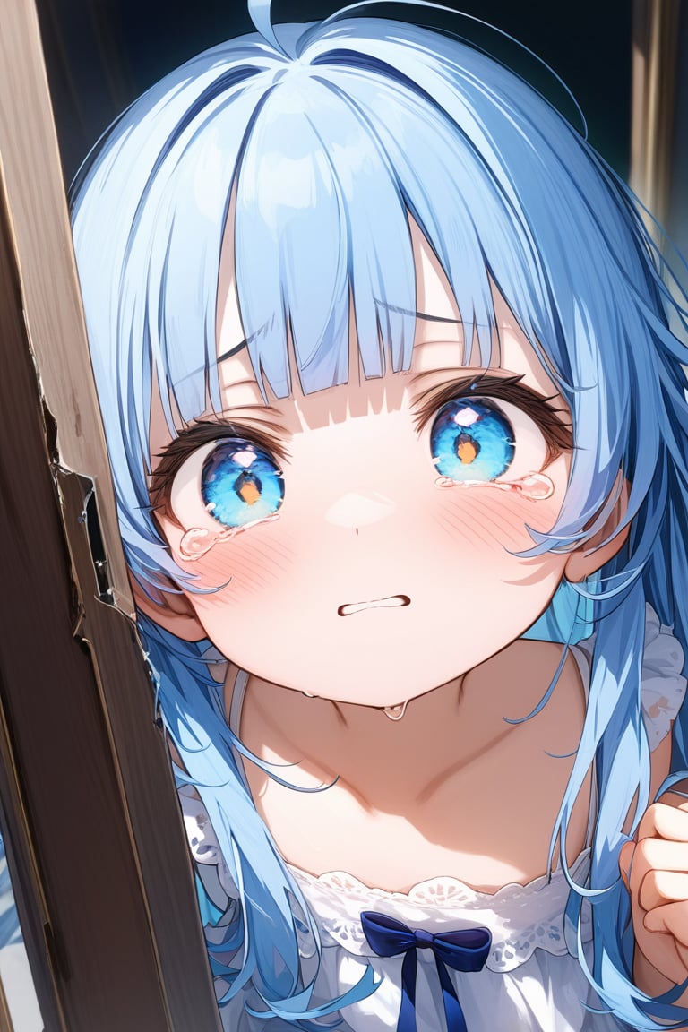 Masterpiece, best quality, extremely detailed, (illustration, official art: 1.1), (baby face:1.55)、((((1 girl)))), ((light blue long hair))), light blue hair, ,young,skinny,,,((blush)), cute face, big eyes, tareme, masterpiece, best quality, (a very delicate and beautiful girl)))), flat chest ,amazing, beautiful detailed eyes, blunt bangs (((little delicate girl)))), tareme、intricate fractured doorframe, pushing open a damaged door, fragments, sad expression, tears, beautiful, long hair, ((cracked glass lenses)), broken