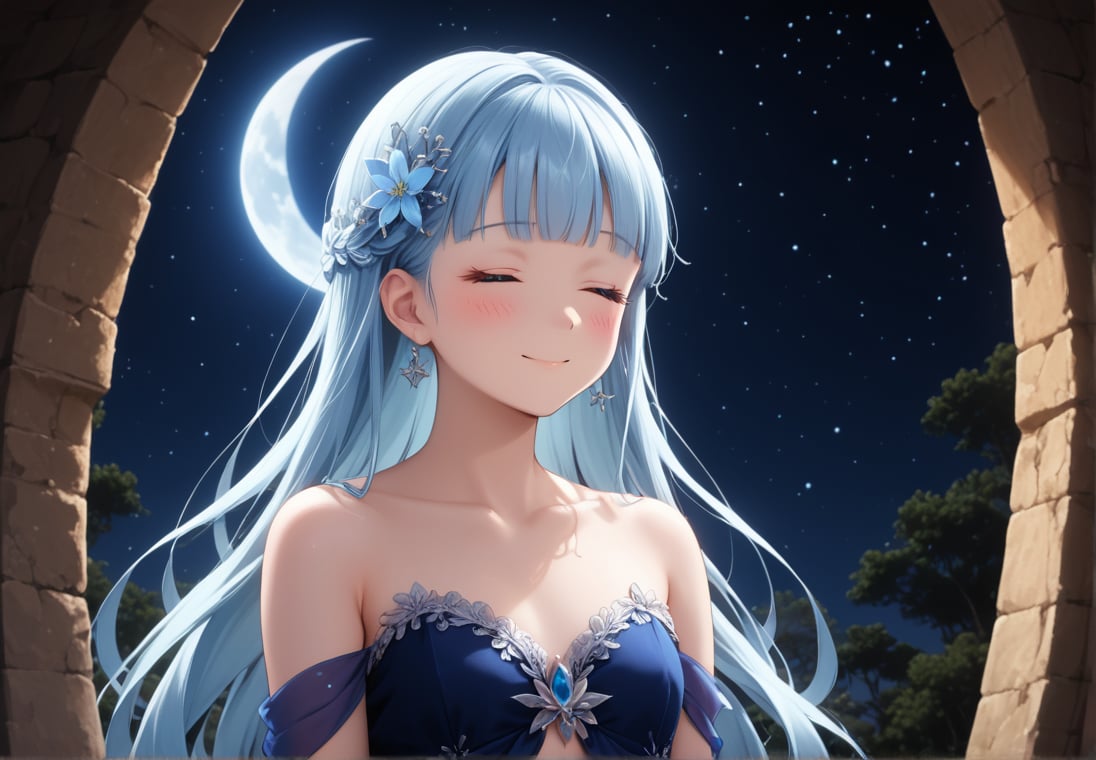 masterpiece, best quality, extremely detailed, (illustration, official art:1.1), 1 girl ,(((( light blue long hair)))), ,(((( light blue long hair)))),light blue hair, , long hair ((blush)) , cute face, big eyes, masterpiece, best quality,(((((a very delicate and beautiful girl))))),Amazing,beautiful detailed eyes,blunt bangs((((little delicate girl)))),tareme(true beautiful:1.2), sense of depth,dynamic angle,,,, affectionate smile, (true beautiful:1.2),,(tiny 1girl model:1.2),)(flat chest) ,A breathtaking scene unfolds as the moonlight casts a luminous glow on a deserted beach, painting the sky with a tapestry of twinkling stars. At the center of this ethereal moment, A young woman with long hair cascades sits in deep meditation. Its tranquil presence evokes a sense of inner peace and serenity amidst the vastness of the empty coast. The girl's silhouette stands out against the backdrop of darkness, his serene expression bathed in soft moonlight. Long pink tentacles of cascade down the back, intertwined with the gentle sea breeze that caresses his face. Your closed eyes indicate a deep connection to the universe, as if his own thoughts harmonized with the whispers of the ocean waves.((big moon )))