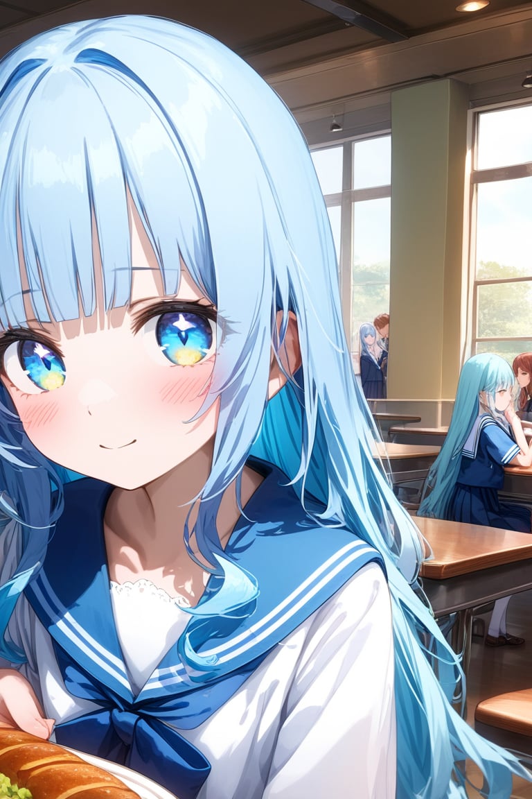 masterpiece, best quality, extremely detailed, (illustration, official art), 1 girl ,(((( light blue long hair)))), ,(((( light blue long hair)))),light blue hair, , long hair ((blush)) , cute face, masterpiece, best quality,(((((a very delicate and beautiful girl))))),Amazing,beautiful detailed eyes,blunt bangs((((little delicate girl)))),tareme,(true beautiful:1.2), sense of depth,dynamic angle,,,, affectionate smile, (true beautiful:1.2),,(tiny 1girl model:1.2),)(flat chest) , 、Sailor suit、(masterpiece,high-quality,ultra detailed,8K,UHD,high-resolution,perfect anatomy,ultra complex and detiled),(little girl, petite:1.1),school students enjoying their lunch in a crowded cafeteria、 Delicate and beautiful anime face、Clear Eyes、Sailor suit、 light blue Braided long hair beautiful girl、, anime,loli face,younge ,14yo,(((( light blue long hair)))),Best Quality,High resolution, young,, realistic shadows, anime screencap,