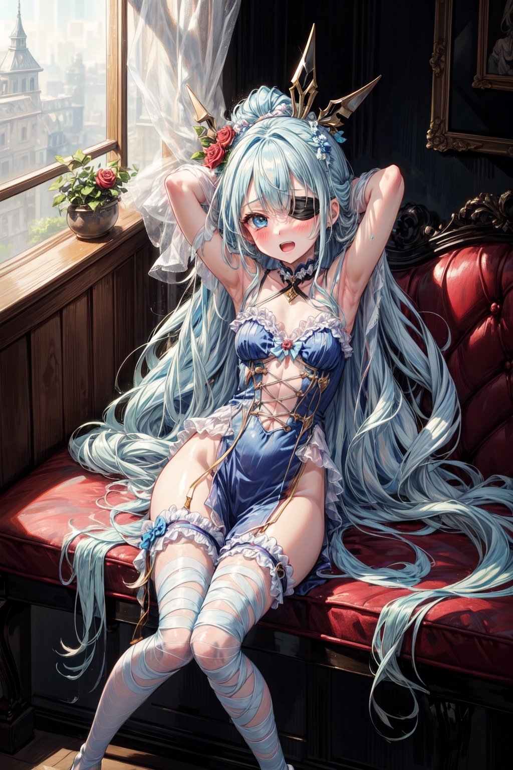 masterpiece, best quality, extremely detailed, (illustration, official art:1.1), 1 girl ,(((( light blue long hair)))), ,(((( light blue long hair)))),light blue hair, ,10 years old, long hair ((blush)) , cute face, big eyes, masterpiece, best quality,(((((a very delicate and beautiful girl))))),Amazing,beautiful detailed eyes,blunt bangs((((little delicate girl)))),tareme(true beautiful:1.2), sense of depth,dynamic angle,,,, affectionate smile, (true beautiful:1.2),,(tiny 1girl model:1.2),)(flat chest),(best quality,8k,highres, masterpiece:1.2), (((,rose patternEye Patch)))、、long、(​masterpiece、top-quality、top-quality、Official art、Beautifully Aesthetic:1.2)、 Black blindfold, long、独奏, 1girl in, open open mouth, bangss, A smile, The upper part of the body, bandaged, Extreme details、highestdetailed、Playful patterns、lively texture、unique visual effect、、piercings、耳环、The tattoo、goth_punk, 1girl in, 独奏,、top-quality, Photorealistic, An ultra-fine illustrations, beautiful attractive anime girl, Slender body, one girls, a photo of girl, Full body shot, Beautiful blue eyes, Turned,耳环、hair adornments、jewely、((depression, sadness, melancholy)),tired expression,diadem,gothic maid uniform,(foreground),in an old mansion,hallway,dark,
