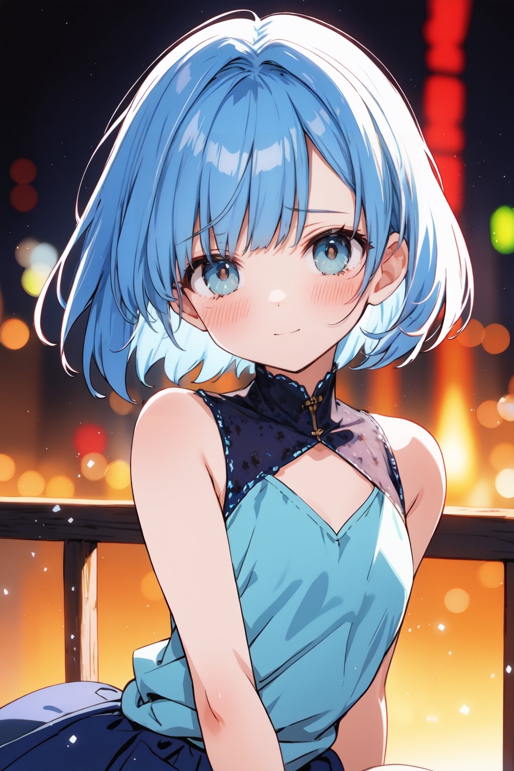 Masterpiece, best quality, extremely detailed, (illustration, official art: 1.1), 1 girl, ((light blue hair))), light blue hair, 10 years old,  ((blush)), cute face, big eyes, masterpiece, best quality, ((a very delicate and beautiful girl)))), amazing, beautiful detailed eyes, blunt bangs (((little delicate girl)))), tareme (true beautiful: 1.2), sense of depth, dynamic angle,, (show off own areola slip: 1.2) affectionate smile, (true beautiful: 1.2), (tiny 1girl model: 1.2), (flat chest)), (masterpiece, best quality, extremely detailed, absurdres)),, looking at viewer, small breasts, beautiful jpn-girl, (best quality: 1.2) solo, cinematic light, ,A girl, wearing a short-sleeved skirt, (maniac: 1.1),  bright light, background bokeh, depth of field, blurred background, light particles, strong wind, (heart particles: 1.1)、(great laughter:1.1), , crying, sobbing, tears,,She's shedding big tears, bob cut, smile,