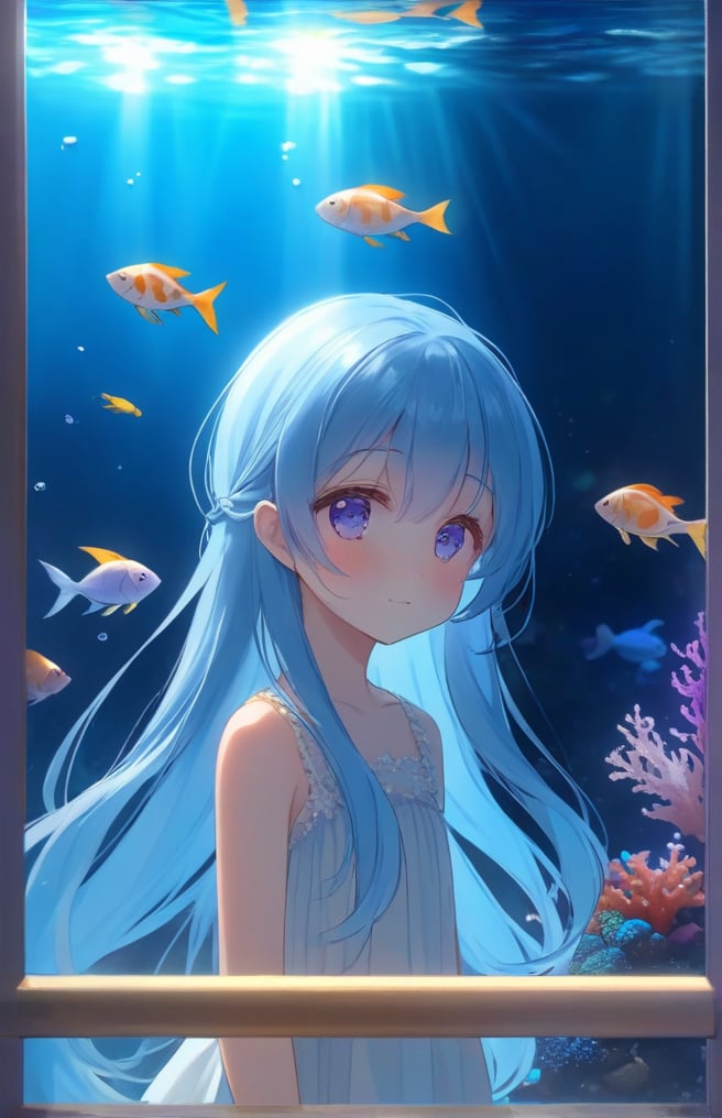 masterpiece, best quality, extremely detailed, (illustration, official art:1.1), 1 girl ,(((( light blue long hair)))), ,(((( light blue long hair)))),light blue hair, night, long hair ((blush)) , cute face, big eyes, masterpiece, best quality,(((((a very delicate and beautiful girl))))),Amazing,beautiful detailed eyes,blunt bangs((((little delicate girl)))),(((tareme))),droopy eyes.(true beautiful:1.2), sense of depth,dynamic angle,,,, affectionate smile, (true beautiful:1.2),,(tiny 1girl model:1.2),)(flat chest),1 Girl, alone,Purple eyes, Long Hair, blunt bangs, bangs,(girl it look at aquarium fhish 、Romantic atmosphere,Dimly lit room), The aquarium is a dimly lit room.aquarium, Glass tunnel, sea creature, school of fish, illumination, Blue light, Aquarium, reflection, adventure, excited, Light effects, mysterious ,cinematic shot,darkness、hand