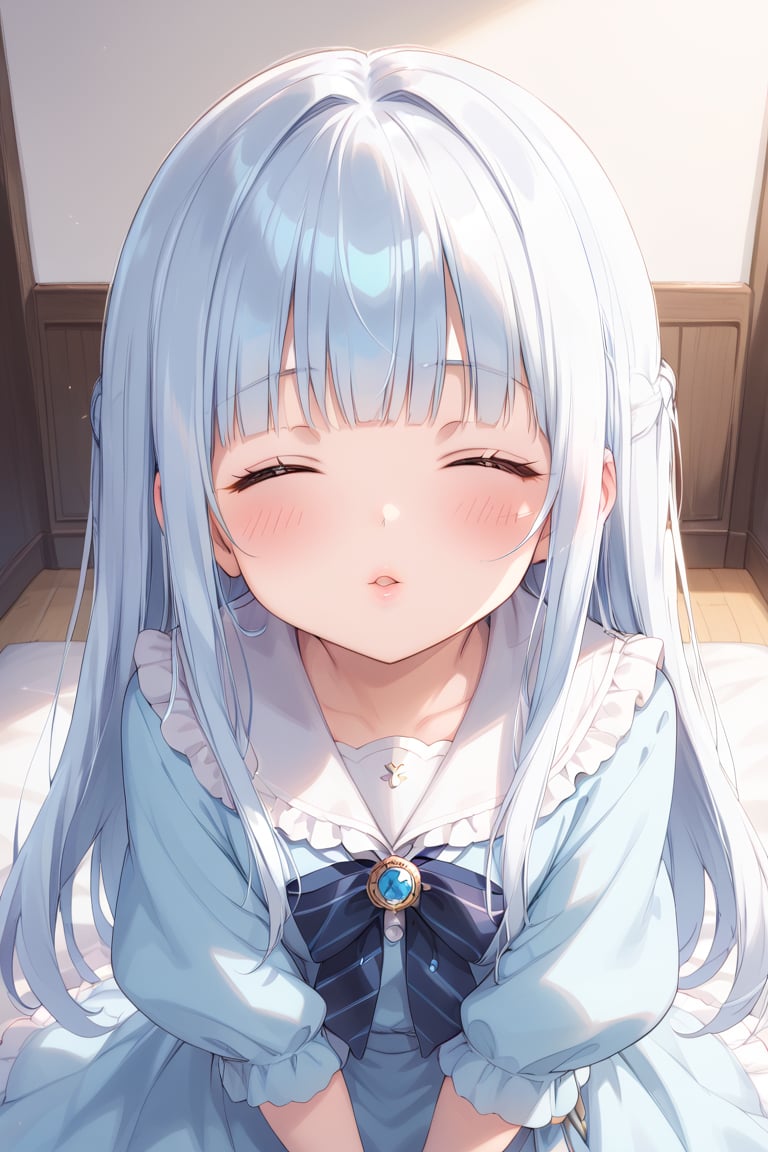 masterpiece, best quality, extremely detailed, (illustration, official art:1.1), 1 girl ,(((( light blue long hair)))), ,(((( light blue long hair)))),light blue hair, , long hair ((blush)) , cute face, masterpiece, best quality,(((((a very delicate and beautiful girl))))),Amazing,blunt bangs((((little delicate girl)))),(true beautiful:1.2), sense of depth,dynamic angle,,,, (true beautiful:1.2),,(tiny 1girl model:1.2),)(flat chest), (unity 8k wallpaper:1.0),(best quality:1.0),(illustration:1.0),(100 layer:1.0),(awesome amazing detailed:1.0),(chroma:1.8),(sharp:1.0),(3D:0.3),(realistic:0.1),
(beautiful and majestic:1.3),focus lips,(looking at viewer,looking up:1.3),(closed eyes:1.15),(stick lips out to viewer:1.5),(happy:1.3),(blush:1.5)(closeup to viewer:1.2),
(masterpiece:1.0),solo,