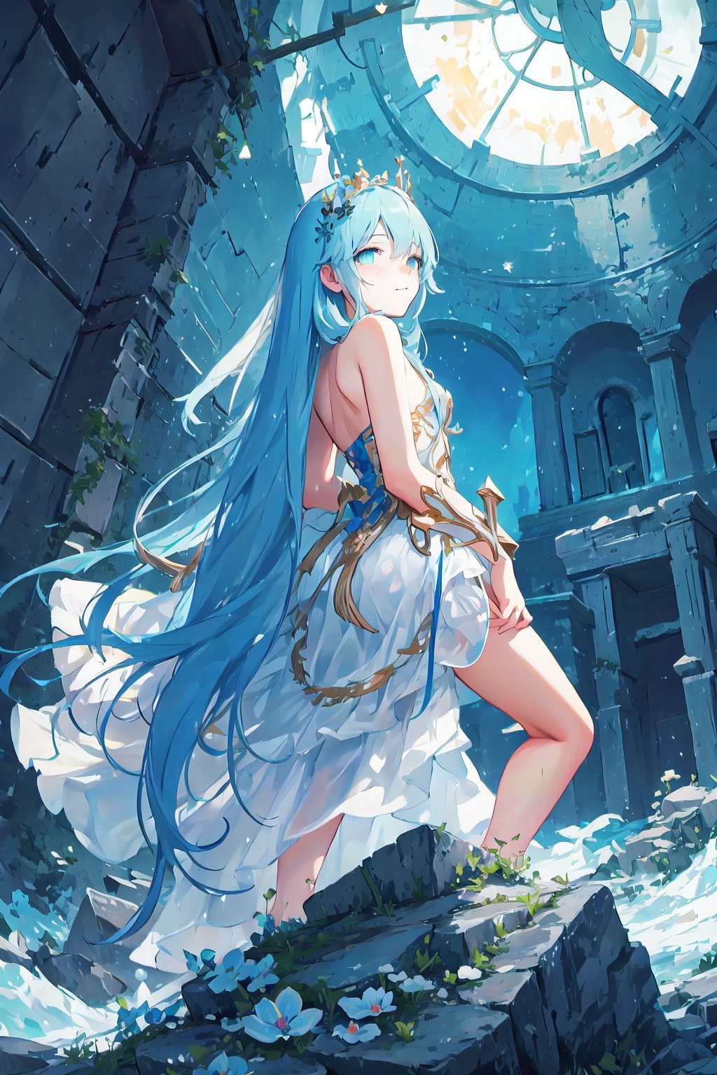 masterpiece, best quality, extremely detailed, (illustration, official art:1.1), 1 girl ,(((( light blue long hair)))), light blue hair, ,10 years old, long hair ((blush)) , cute face, big eyes, masterpiece, best quality,(((((a very delicate and beautiful girl))))),Amazing,beautiful detailed eyes,blunt bangs((((little delicate girl)))),tareme(true beautiful:1.2), sense of depth,dynamic angle,affectionate smile, (true beautiful:1.2),,(tiny 1girl model:1.2),(flat chest)), 
Soft Focus , (Masterpiece, top quality, super detailed CG, ultra detailed beautiful face and eyes,super detailed, intricate details:1.2), 8k wallpapers, elaborate features,
(1 person, solo:1.4)perfect cartoon illustration,(1 person, solo:1.4)
(realistic textures:0.8), high res, cute, (vivid colors, dynamic lighting:1.0), (high contrast:0.8),
A girl (in her teens) with a mysterious atmosphere overlooking the lowlands from the top of a steep cliff, very pretty face, long glossy blue hair, clear sky-blue eyes, clear skin, slender arms and legs (both barefoot), wearing only a white dress that reaches down to her calves, surrounded by blue phosphorescence. Blue phosphorescence surrounds her, ruins spread far and wide in front of her, the place is a fantastic and vast urban ruin, the time is night and the area is dark, but stars and a big moon are shining brightly in the sky, back view, so that her whole body is included in the illustration.,Human bones,prison,,Brilliant and colorful paintings、Grasp the great sword with 、Holding the Great Sword、（church、HighestQuali,astonishing detail：1.25）,,Brilliant and colorful paintings,Wielding the legendary sword、(((+++Black mist clinging to the body))))],Most Beautiful Form of Chaos、,holding a sword,glowing sword