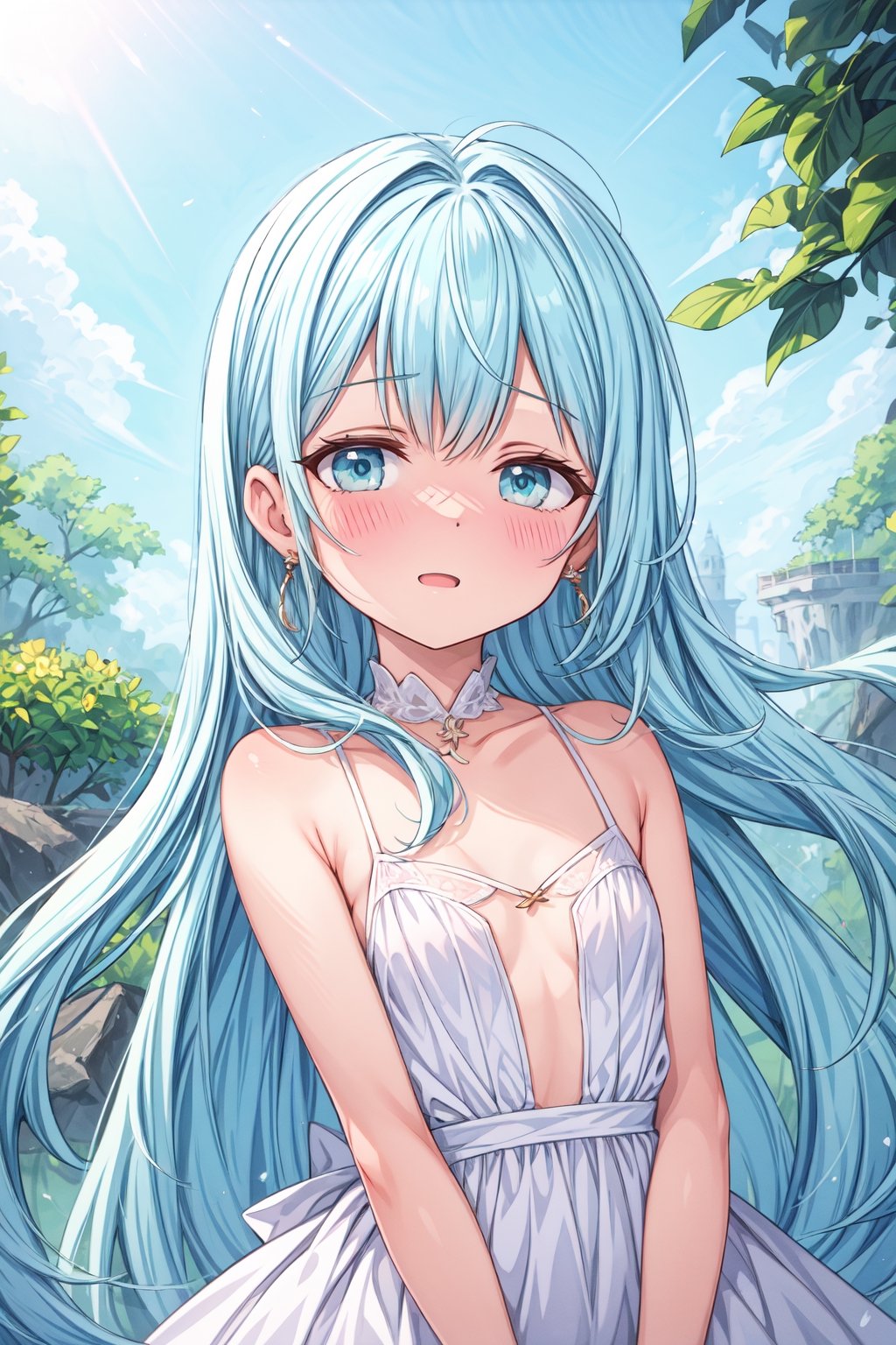 masterpiece, best quality, extremely detailed, (illustration, official art:1.1), 1 girl ,(((( light blue long hair)))), light blue hair, ,10 years old, long hair ((blush)) , cute face, big eyes, masterpiece, best quality,(((((a very delicate and beautiful girl))))),Amazing,beautiful detailed eyes,blunt bangs((((little delicate girl)))),tareme(true beautiful:1.2), sense of depth,dynamic angle,,,, affectionate smile, (true beautiful:1.2),,(tiny 1girl model:1.2),)(flat chest)),,absurdres, High Detail, Ultra Detail, 8K, Shy girl (blushing), ((shy)) expression, lake, delicate, beautiful detailed, colourful, finely detailed, detailed lips, intricate details, (50mm Sigma f/1.4 ZEISS lens, F1.4, 1/800s, ISO 100, photograpy:1.1), solo, looking_at_viewer, from_front, earrings, slim, model, romantic atmoshere, (photorealistic:1.3), lens flare, masterpiece
