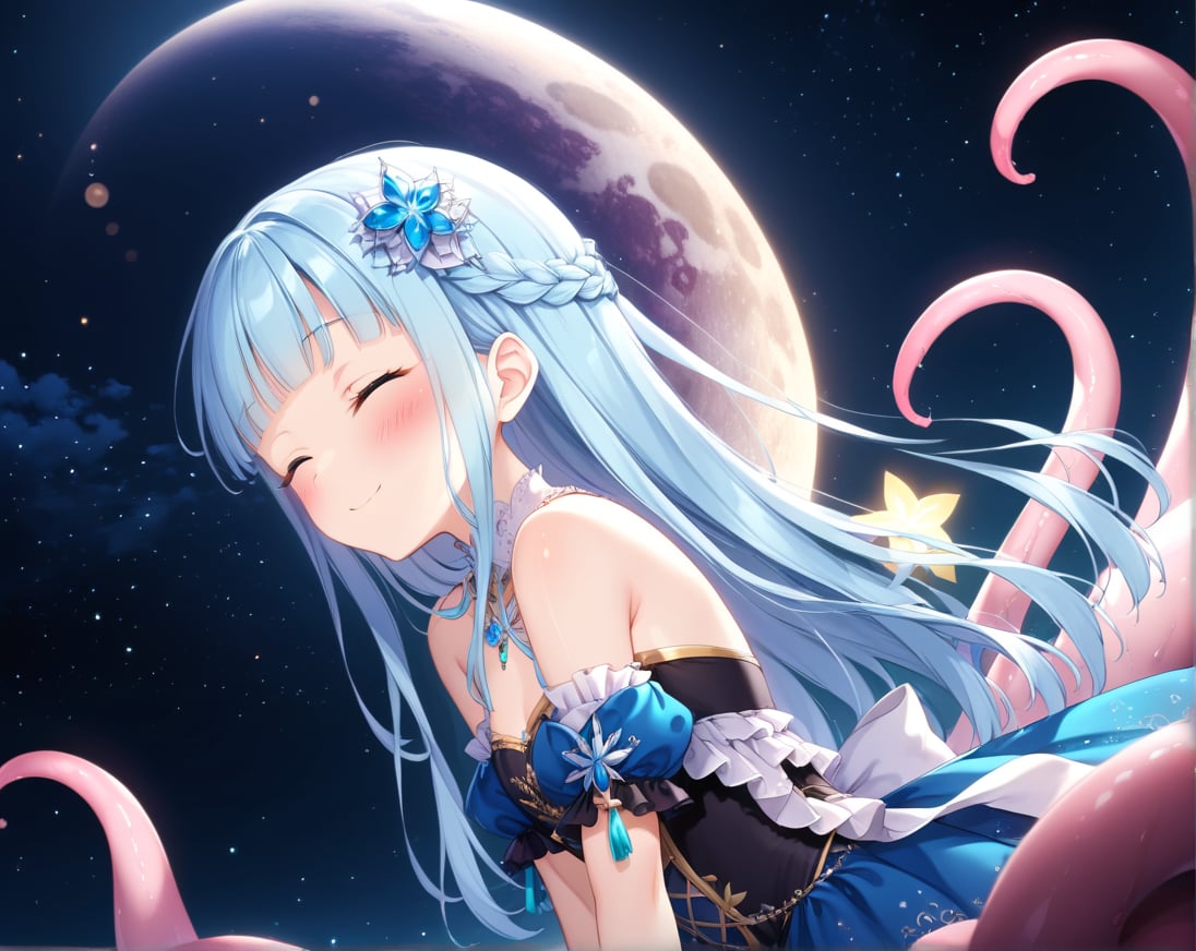 masterpiece, best quality, extremely detailed, (illustration, official art:1.1), 1 girl ,(((( light blue long hair)))), ,(((( light blue long hair)))),light blue hair, , long hair ((blush)) , cute face, big eyes, masterpiece, best quality,(((((a very delicate and beautiful girl))))),Amazing,beautiful detailed eyes,blunt bangs((((little delicate girl)))),tareme(true beautiful:1.2), sense of depth,dynamic angle,,,, affectionate smile, (true beautiful:1.2),,(tiny 1girl model:1.2),)(flat chest) ,A breathtaking scene unfolds as the moonlight casts a luminous glow on a deserted beach, painting the sky with a tapestry of twinkling stars. At the center of this ethereal moment, A young woman with long hair cascades sits in deep meditation. Its tranquil presence evokes a sense of inner peace and serenity amidst the vastness of the empty coast. The girl's silhouette stands out against the backdrop of darkness, his serene expression bathed in soft moonlight. Long pink tentacles of cascade down the back, intertwined with the gentle sea breeze that caresses his face. Your closed eyes indicate a deep connection to the universe, as if his own thoughts harmonized with the whispers of the ocean waves.((big moon )))