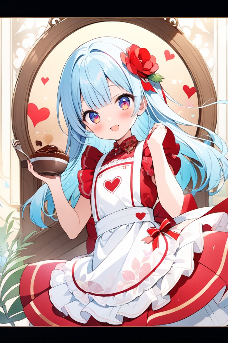 masterpiece, best quality, extremely detailed, (illustration, official art:1.1), 1 girl ,(((( light blue long hair)))), ,(((( light blue long hair)))),light blue hair, , long hair ((blush)) , cute face, big eyes, masterpiece, best quality,(((((a very delicate and beautiful girl))))),Amazing,beautiful detailed eyes,blunt bangs((((little delicate girl)))),tareme(true beautiful:1.2), sense of depth,dynamic angle,,,, affectionate smile, (true beautiful:1.2),,(tiny 1girl model:1.2),)(flat chest), (Pastel colors: 1.3), (Cute illustration: 1.3), (Watercolor: 1.1), With background, One girl, Open mouth and smiling, Beautifully detailed, Hazy, Colorful, Marble, Light particles, Pattern, (Cute background: 1.3), (Very detailed fine touches: 1.3), ///, Short hair, (Full body: 1.3), Transparent watercolor, Girl, Jewel eyes, Beautiful arrangement and motif, Depth of the border is written, Anime art, 8K, Details, Valentine, Lots of chocolate, Stylish decoration illustration, Limited palette, Chocolate around the illustration, Handmade chocolate, Red ribbon, , Tying hair with red ribbon, Apron, Brown and red image, Love, Red eyes, Chocolate on face, Holding spatula, Holding bowl, Making chocolate, Valentine's chocolate, Red heart, Heart, Glitter, Love, Love, Kitchen, Upper body, Full body, Cute apron, Chocolate on strawberry,stunning flowers, juicy berries, lush ferns, vibrant leaves, serene watercolor pattern