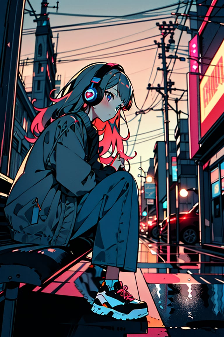 , (true beautiful:1.2),long hair,,10yo,,(tiny 1girl model:1.2),A cute anime-style girl sitting on a nostalgic city bench. She has long, wavy, and fluffy light hair, and is wearing headphones. Her outfit is casual, with a loose coat over a dark shirt or dress. The background features a street with buildings and utility poles, depicted in a minimalistic line art style with pastel colors. The overall color scheme is soft and light, creating a calm and relaxed atmosphere. Incorporate a slight cyberpunk aesthetic, with subtle neon accents and futuristic elements to enhance the ambiance of the scene.
