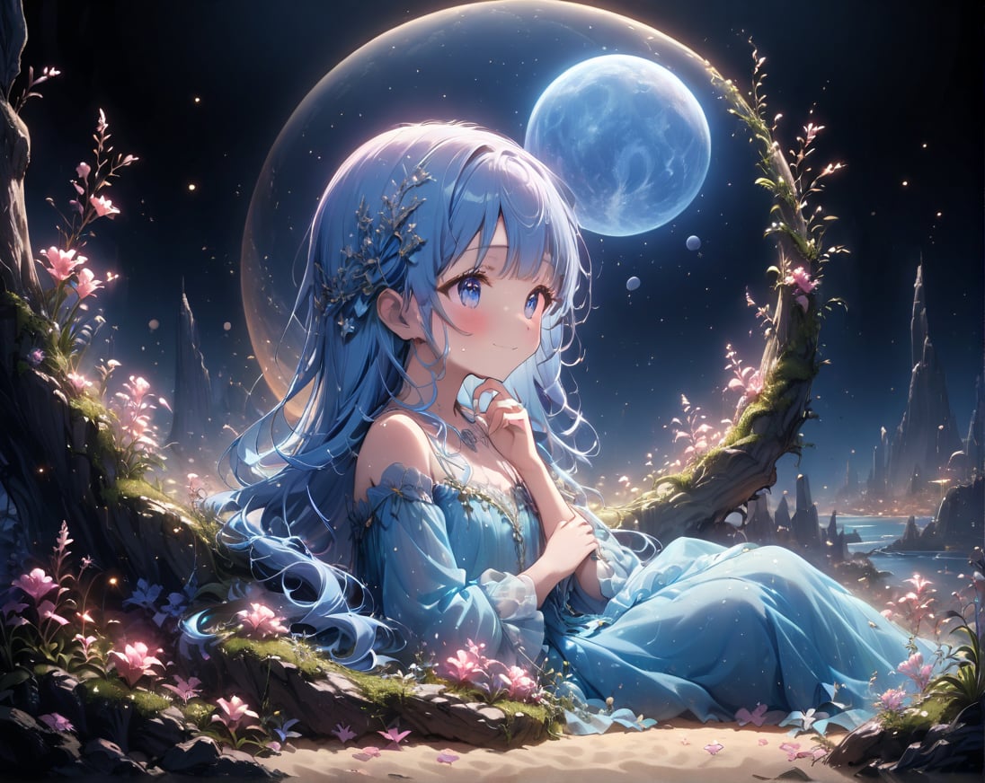 masterpiece, best quality, extremely detailed, (illustration, official art:1.1), 1 girl ,(((( light blue long hair)))), ,(((( light blue long hair)))),light blue hair, , long hair ((blush)) , cute face, big eyes, masterpiece, best quality,(((((a very delicate and beautiful girl))))),Amazing,beautiful detailed eyes,blunt bangs((((little delicate girl)))),tareme(true beautiful:1.2), sense of depth,dynamic angle,,,, affectionate smile, (true beautiful:1.2),,(tiny 1girl model:1.2),)(flat chest) ,A breathtaking scene unfolds as the moonlight casts a luminous glow on a deserted beach, painting the sky with a tapestry of twinkling stars. At the center of this ethereal moment, A young woman with long hair cascades sits in deep meditation. Its tranquil presence evokes a sense of inner peace and serenity amidst the vastness of the empty coast. The girl's silhouette stands out against the backdrop of darkness, his serene expression bathed in soft moonlight. Long pink tentacles of cascade down the back, intertwined with the gentle sea breeze that caresses his face. Your closed eyes indicate a deep connection to the universe, as if his own thoughts harmonized with the whispers of the ocean waves.((big moon )))