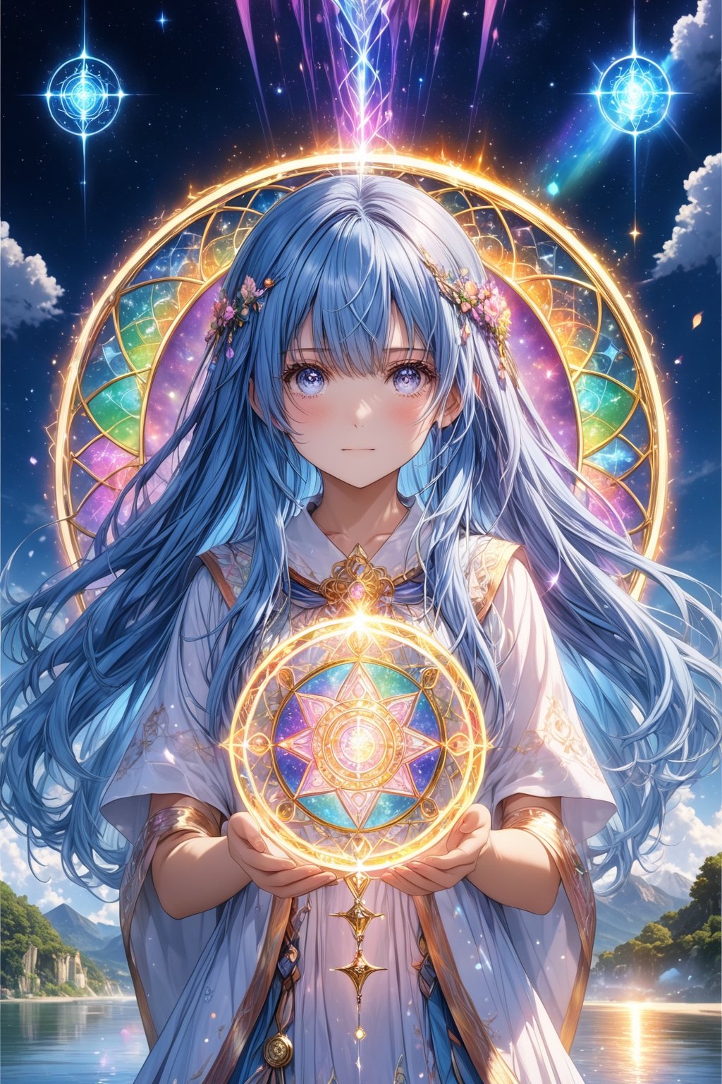 Masterpiece, best quality, extremely detailed, (illustration, official art: 1.1), (((((1 girl))))), ((light blue long hair))), light blue hair, 10 years old, ((blush)), cute face, big eyes, tareme, masterpiece, best quality, ((a very delicate and beautiful girl)))), , girl,amazing, beautiful detailed eyes, blunt bangs (((little delicate girl)))), tareme (true beautiful: 1.2),, (Ultra HD,masterpiece,extremely meticulous:1.37),portrait,All magic circles,Rainbow magic circle,Full color magic circle,Water, fire, wood, electricity, earth, light, darkness, wind, ice, and gold summon time and space,Multiple series of magic,Dazzling magic effects,Detailed magic circle,a girl,magic master,Sorcerer,Close to the power of God,Rainbow Color Eyes,super detailed face,Nice face,cute,determined eyes,faint smile,summer clothing,Delicate clothing,high quality clothes,floating long hair,High quality hair,Full color magic hair color,glowing pupils,eye reflex,High quality skin,(Super fine fingers),(accurate finger:1.37)、1 Girl,Rainbow magic circle,All magic circles, water, fire, electricity, soil, wood, Light, dark, time, space, All great magicians,Determination,faint smile,
,DonMD34thM4g1cXL