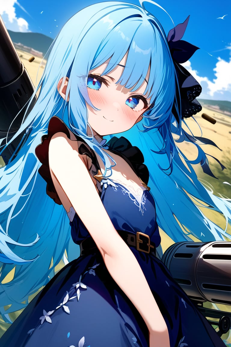 masterpiece, best quality, extremely detailed, (illustration, official art:1.1), 1 girl ,(((( light blue long hair)))), ,(((( light blue long hair)))),light blue hair, , long hair ((blush)) , cute face, masterpiece, best quality,(((((a very delicate and beautiful girl))))),Amazing,beautiful detailed eyes,blunt bangs((((little delicate girl)))),(((tareme))),droopy eyes.(true beautiful:1.2), sense of depth,dynamic angle,,,, affectionate smile, (true beautiful:1.2),,(tiny 1girl model:1.2),)(flat chest),masterpiece, top quality, best quality, official art, beautiful and aesthetic, 1girl,gatling gun, shell casing, looking at viewer, bangs, ammunition belt, gloves, ribbon, extreme detailed,highest detailed, optical mixing, playful patterns, lively texture, unique visual effect,,((girl with a machine gun)), Posing with sexual overtones, Battlefield Background,
