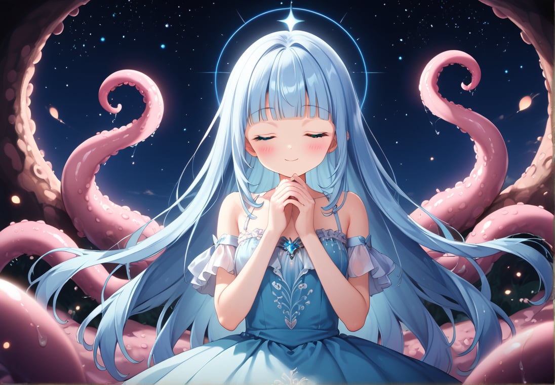 masterpiece, best quality, extremely detailed, (illustration, official art:1.1), 1 girl ,(((( light blue long hair)))), ,(((( light blue long hair)))),light blue hair, , long hair ((blush)) , cute face, big eyes, masterpiece, best quality,(((((a very delicate and beautiful girl))))),Amazing,beautiful detailed eyes,blunt bangs((((little delicate girl)))),tareme(true beautiful:1.2), sense of depth,dynamic angle,,,, affectionate smile, (true beautiful:1.2),,(tiny 1girl model:1.2),)(flat chest) ,A breathtaking scene unfolds as the moonlight casts a luminous glow on a deserted beach, painting the sky with a tapestry of twinkling stars. At the center of this ethereal moment, A young woman with long hair cascades sits in deep meditation. Its tranquil presence evokes a sense of inner peace and serenity amidst the vastness of the empty coast. The girl's silhouette stands out against the backdrop of darkness, his serene expression bathed in soft moonlight. Long pink tentacles of cascade down the back, intertwined with the gentle sea breeze that caresses his face. Your closed eyes indicate a deep connection to the universe, as if his own thoughts harmonized with the whispers of the ocean waves.((big moon )))